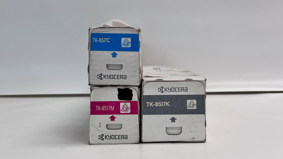 3 Genuine Kyocera 5052ci,5053ci Cyan, Magenta & Black Toner TK-8517CMK (Bad Box)