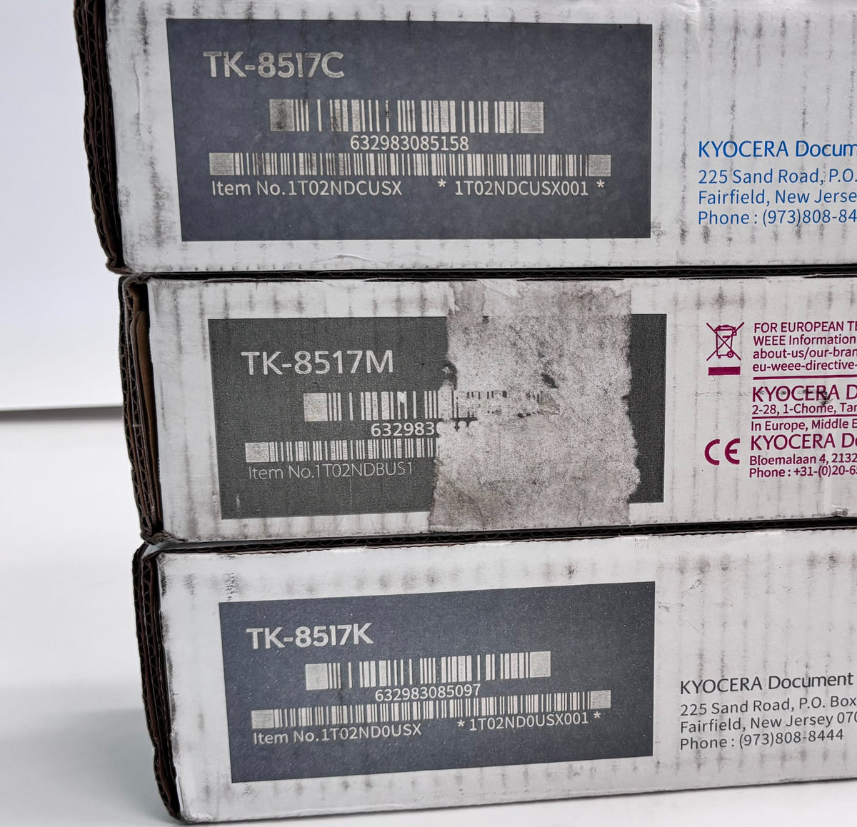 3 Genuine Kyocera 5052ci,5053ci Cyan, Magenta & Black Toner TK-8517CMK (Bad Box)