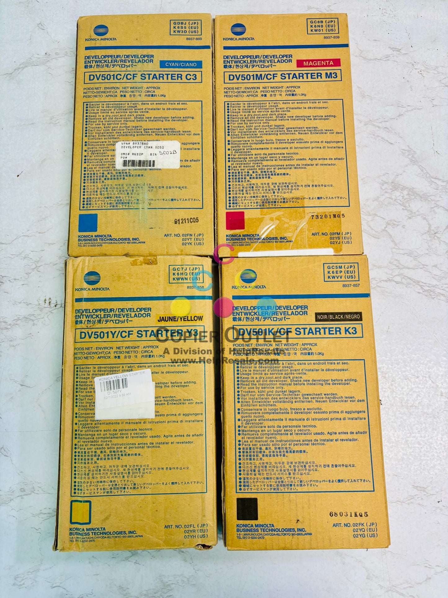 4 Open Genuine Konica Minolta KL5100 Cyan, Magenta, Yellow & Black Developer DV501