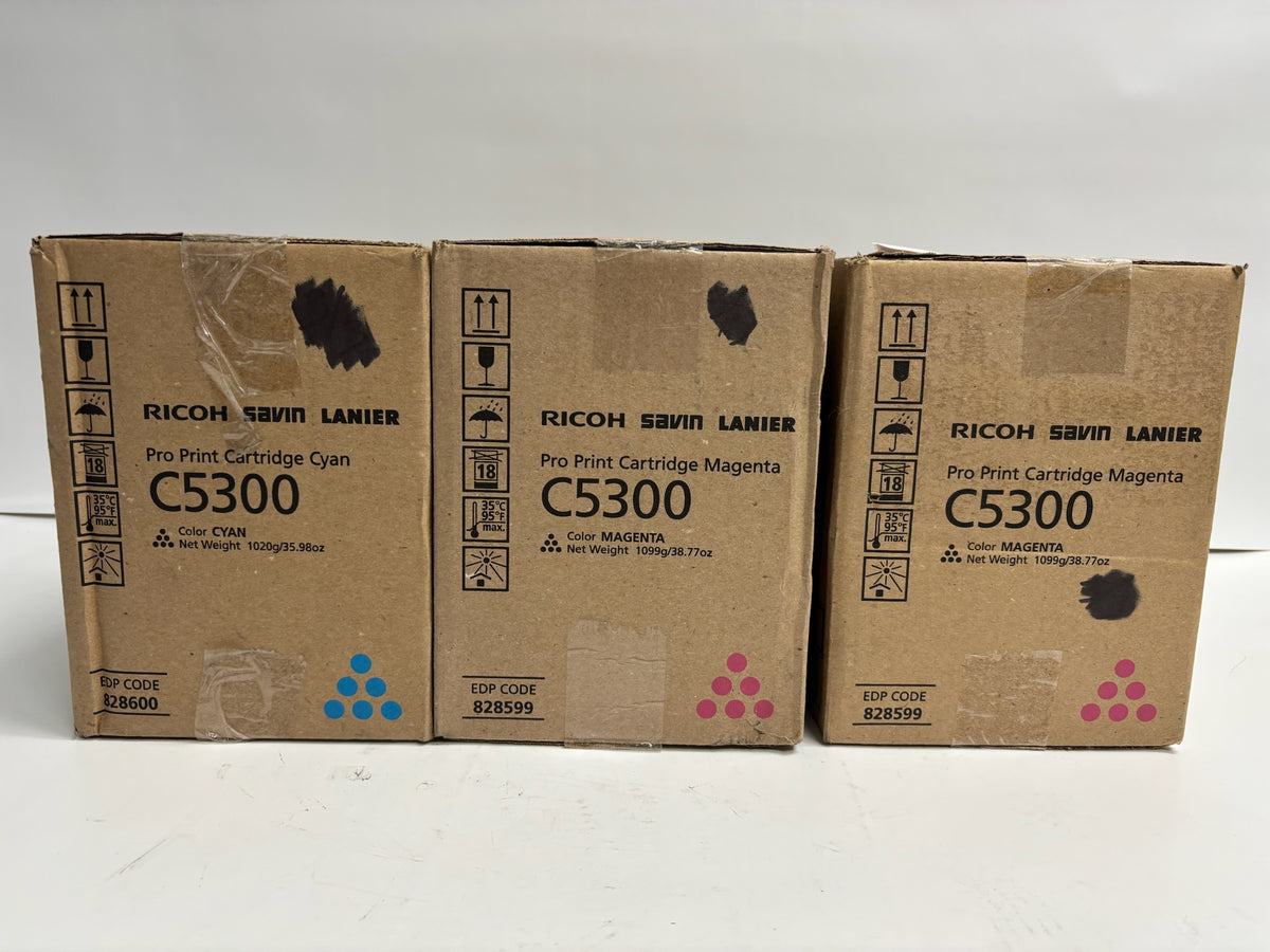 3 Genuine Ricoh Pro C5300s, C5310s Cyan, Magenta Toners 828599, 600 CMM(Bad Box)