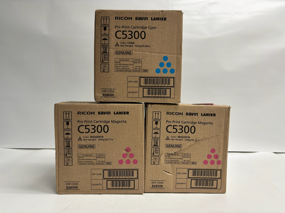 3 Genuine Ricoh Pro C5300s, C5310s Cyan, Magenta Toners 828599, 600 CMM(Bad Box)