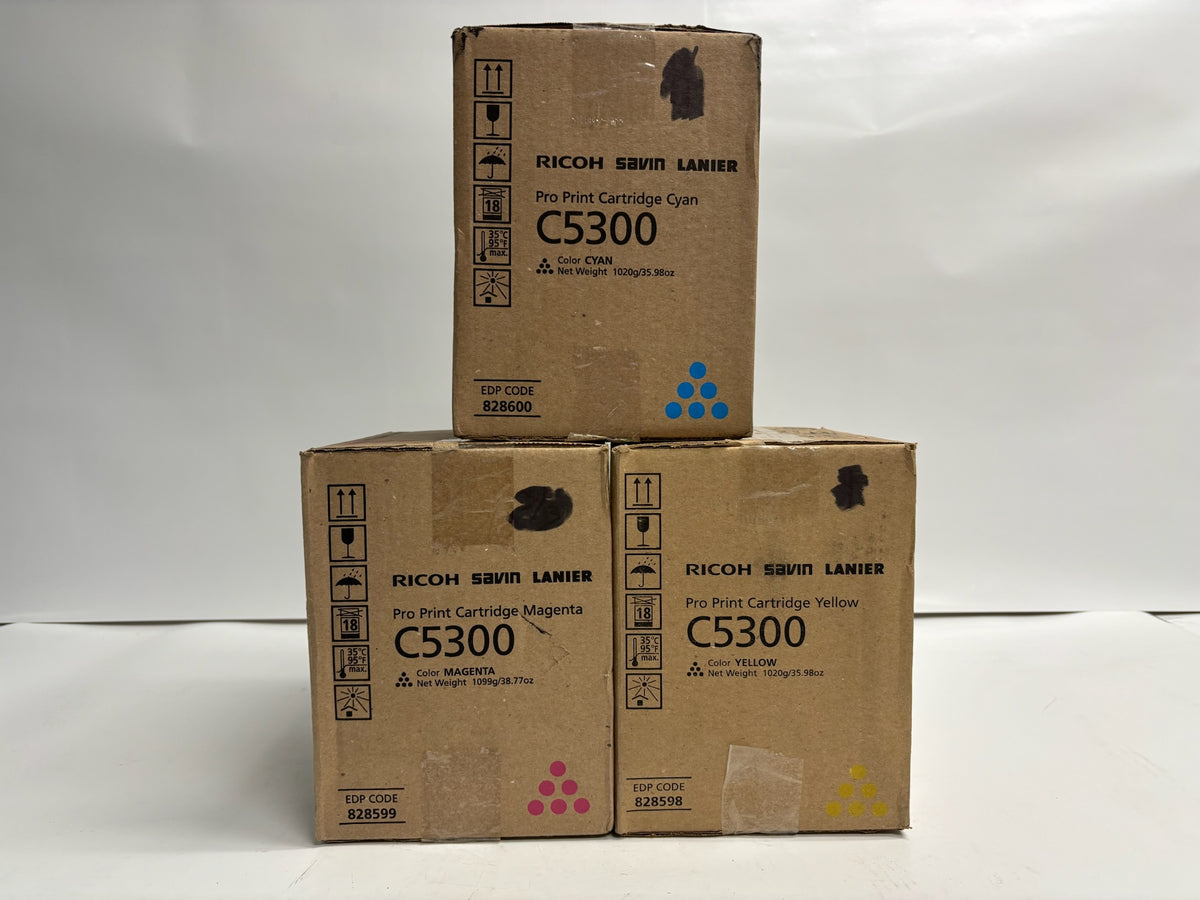 3 Genuine Ricoh C5300s,C5310s Cyan, Magenta, Yellow Toner 828598,99,600 CMY