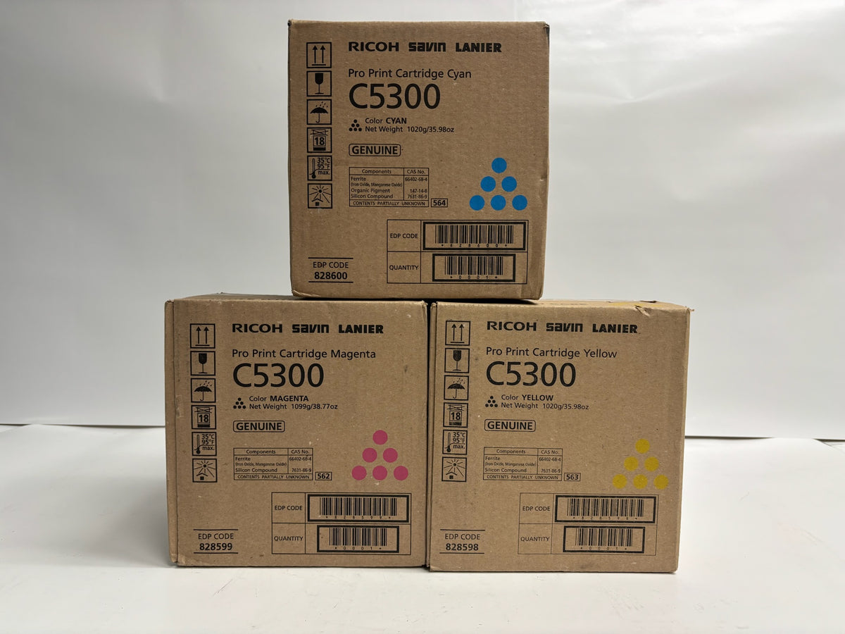 3 Genuine Ricoh C5300s,C5310s Cyan, Magenta, Yellow Toner 828598,99,600 CMY