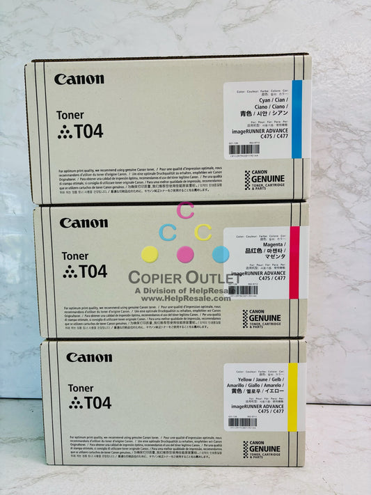 3 Genuine Canon iR Advance C475, C477 CMY Toner T04, 2977C001, 2978C001, 2979C001