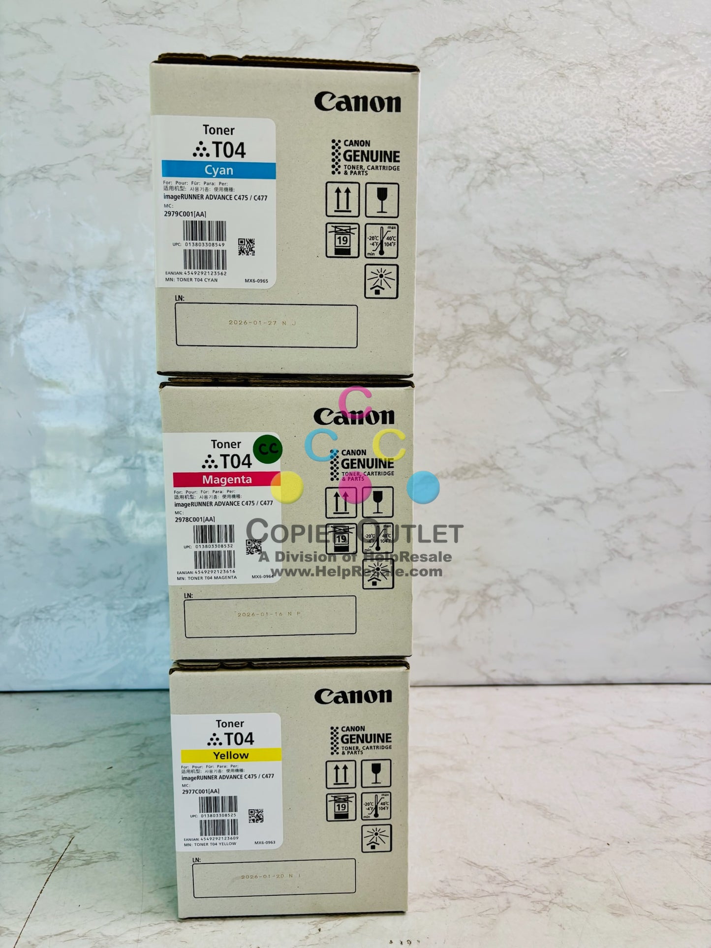 3 Genuine Canon iR Advance C475, C477 CMY Toner T04, 2977C001, 2978C001, 2979C001
