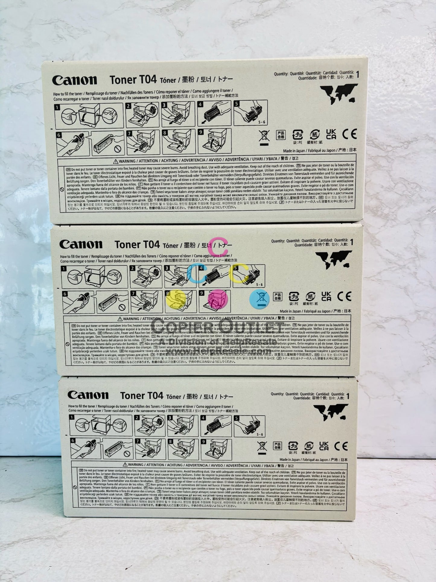 3 Genuine Canon iR Advance C475, C477 CMY Toner T04, 2977C001, 2978C001, 2979C001