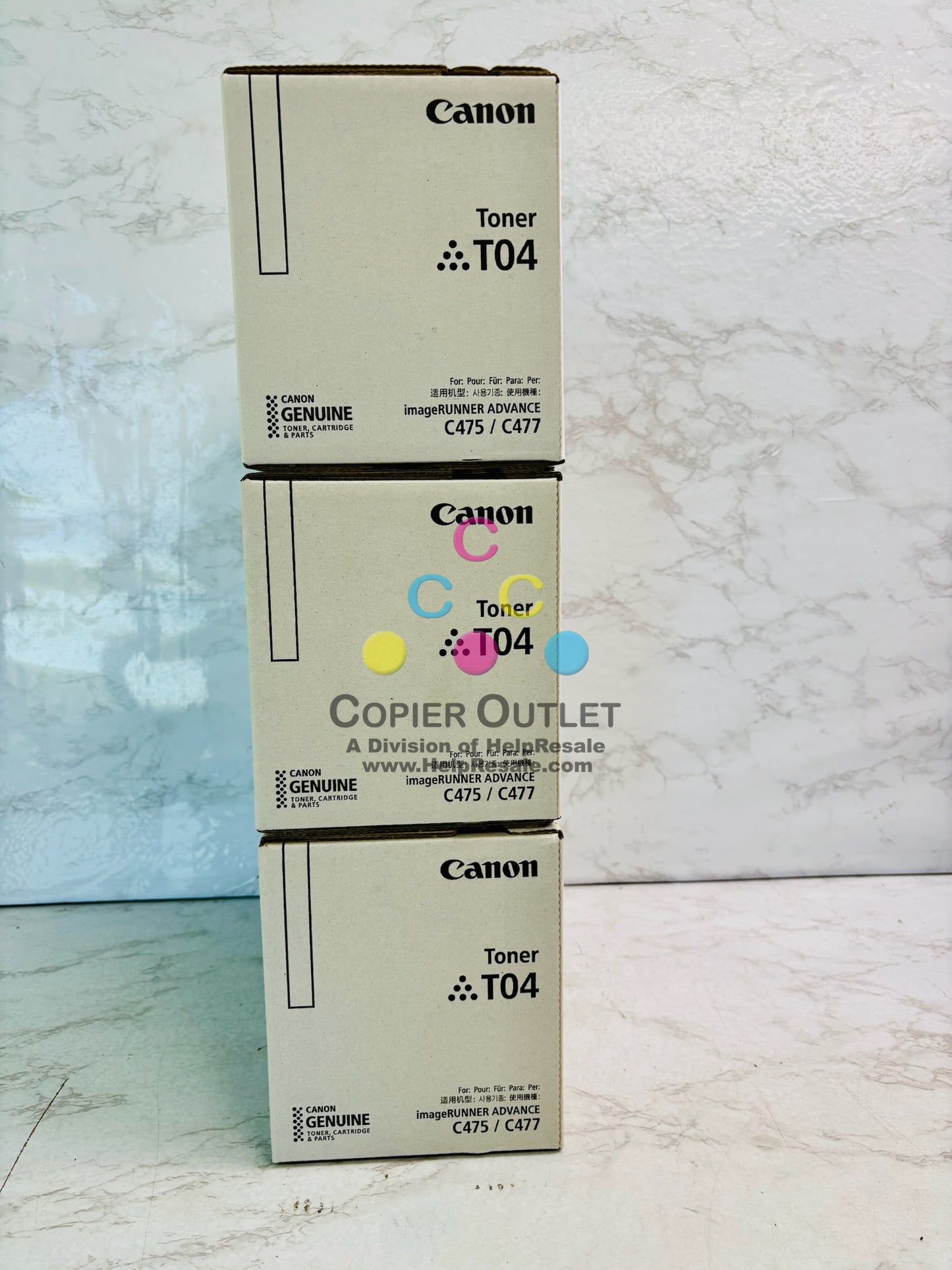 3 Genuine Canon iR Advance C475, C477 CMY Toner T04, 2977C001, 2978C001, 2979C001