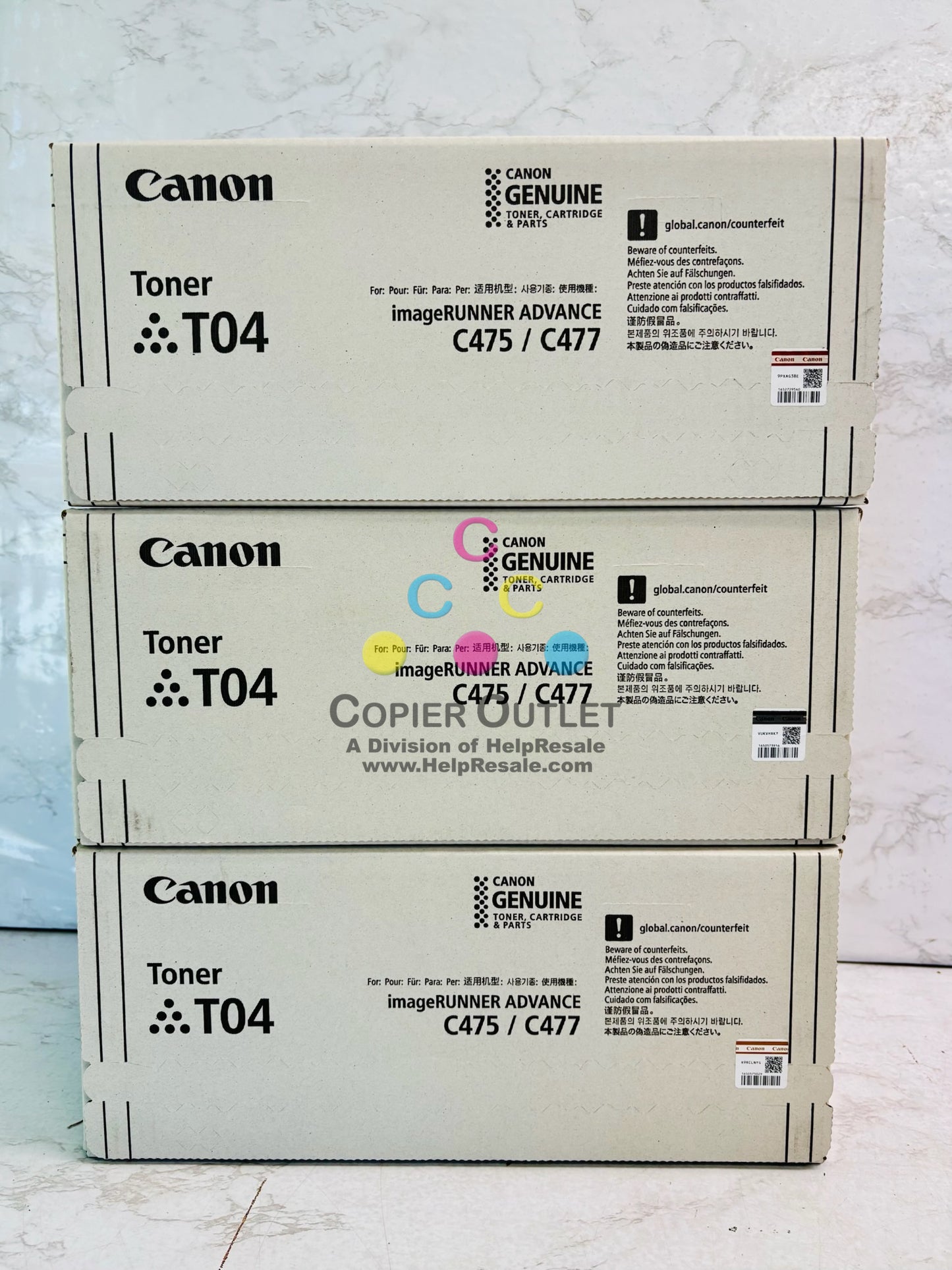 3 Genuine Canon iR Advance C475, C477 CMY Toner T04, 2977C001, 2978C001, 2979C001