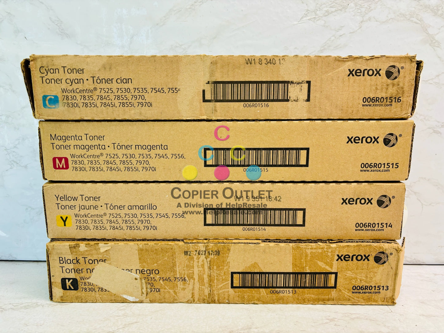 4 Open OEM Xerox WC7525,7545 Cyan, Magenta, Yellow & Black Toner 006R01513,14,15,16