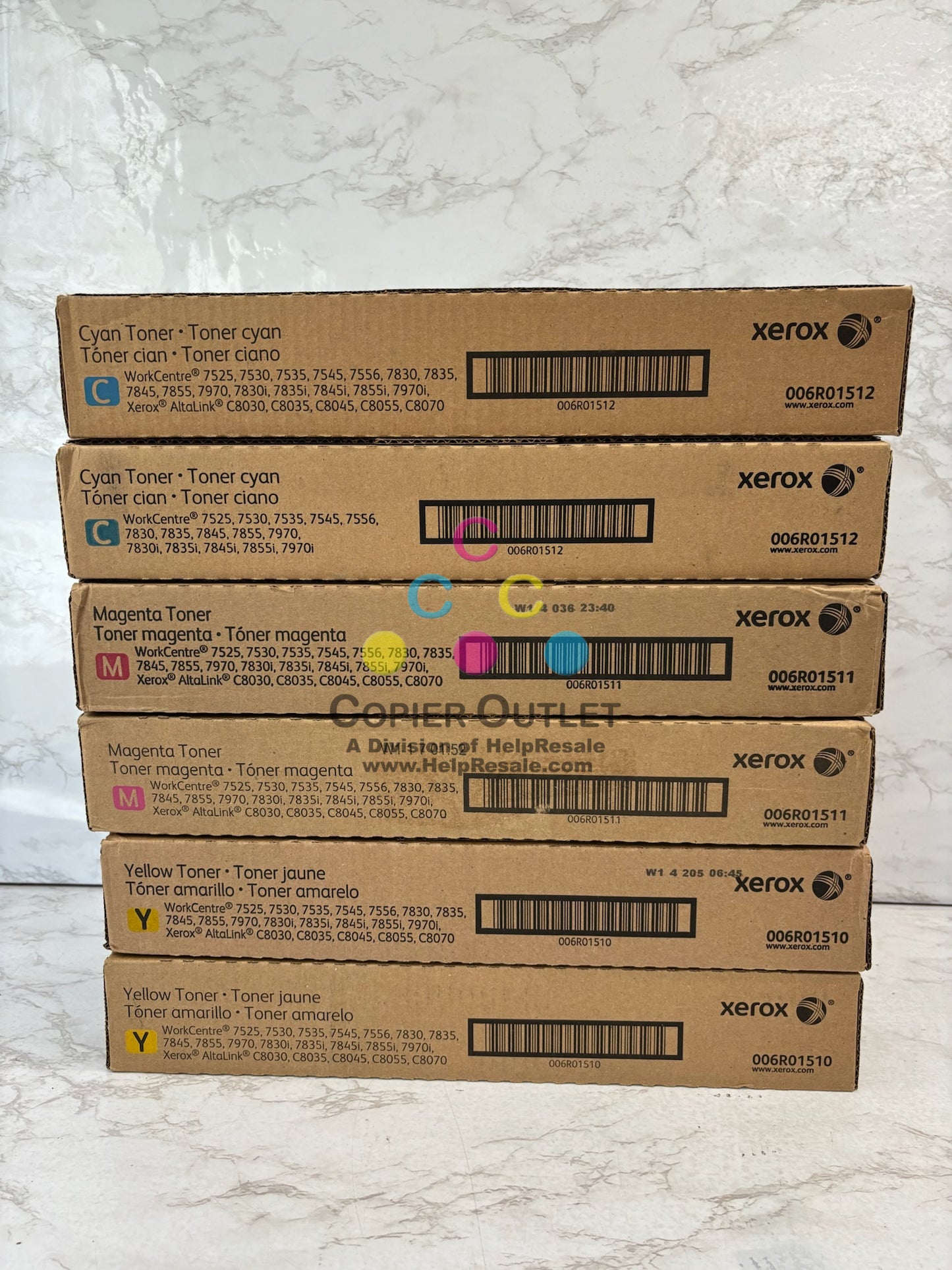 6 Genuine Xerox WC 7525, 7530 AltaLink C8030, C8035 Color 006R01510,11,12 CMY Toners