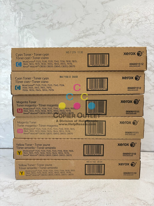 6 Genuine Xerox WC 7525, 7530 AltaLink C8030, C8035 Color 006R01510,11,12 CMY Toners