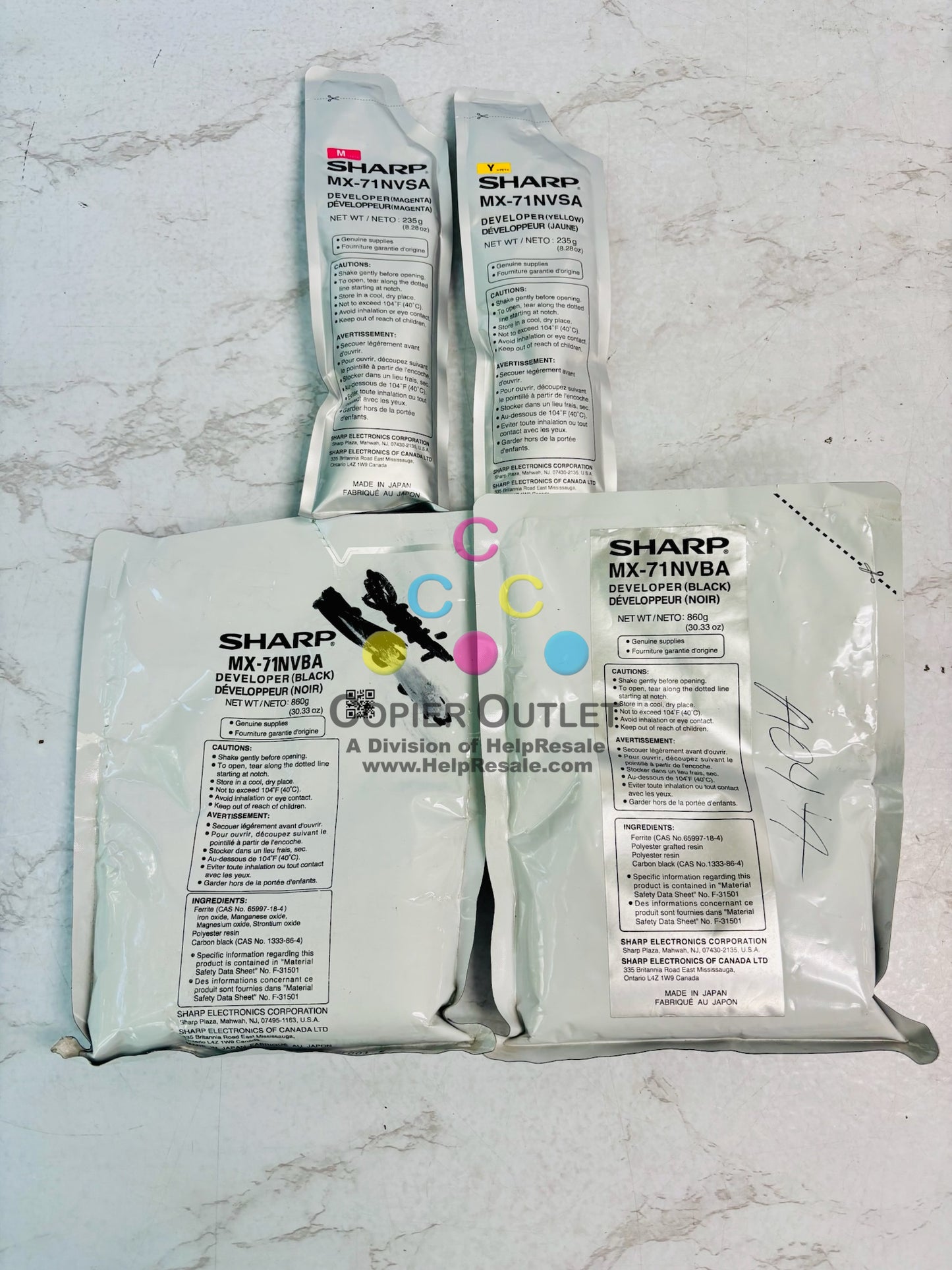 4 OEM Sharp MX 6201N, 7001N Magenta,Yellow & Black Developer MX-71NVSA, MX-71NVBA