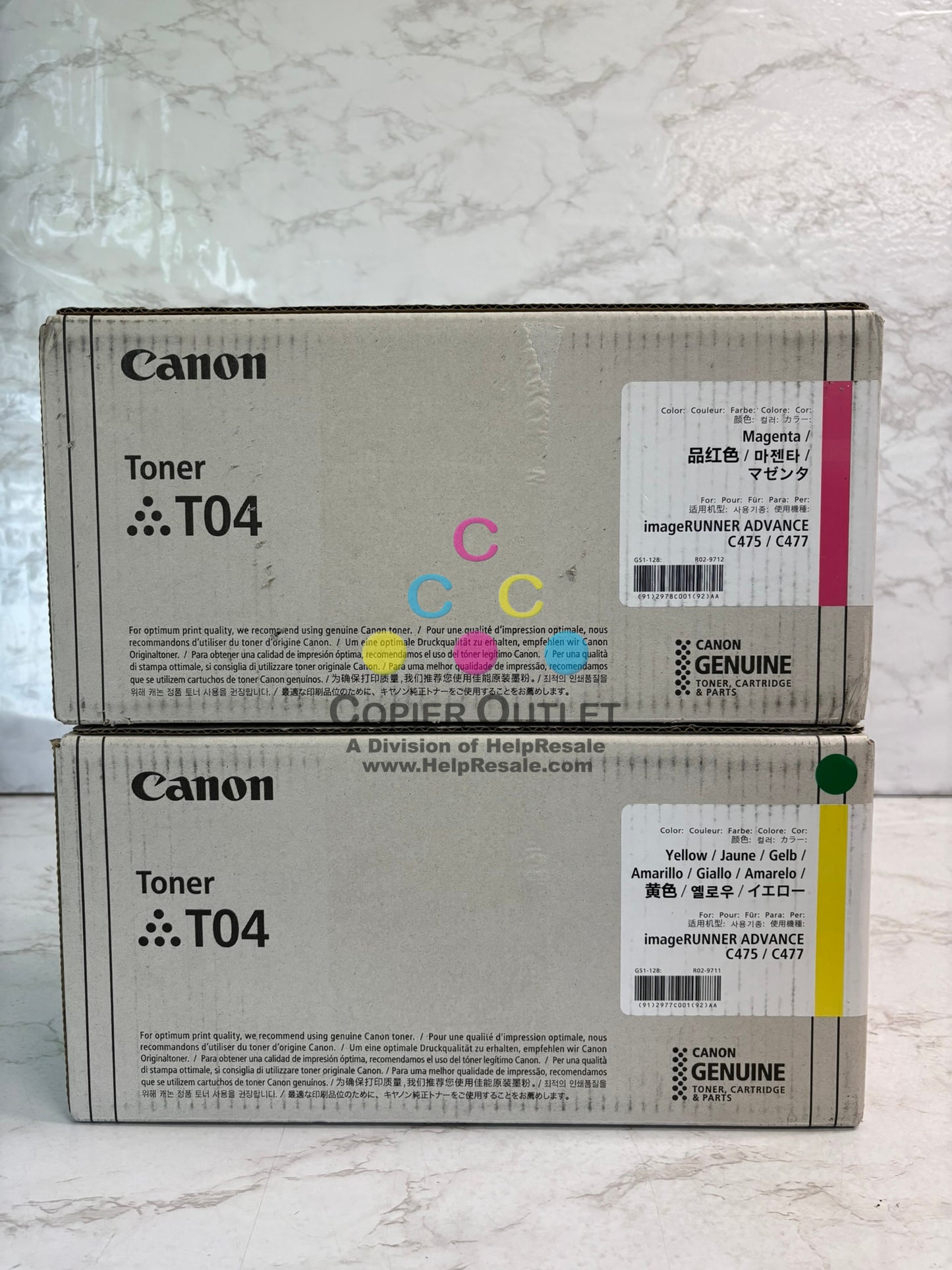 2 Genuine Canon iR Advance C475, C477 Mag & Yellow Toner T04, 2977C001, 2978C001