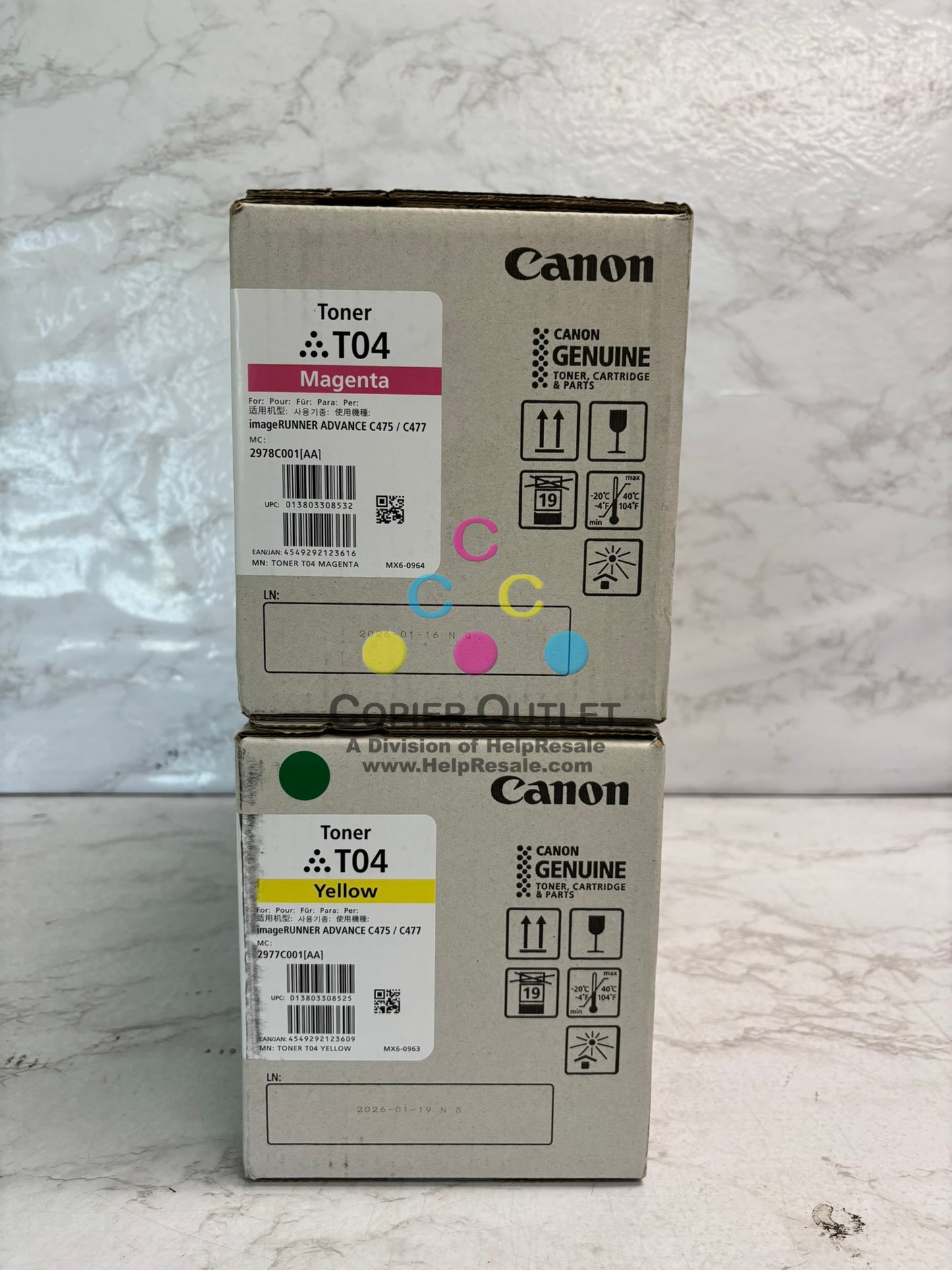 2 Genuine Canon iR Advance C475, C477 Mag & Yellow Toner T04, 2977C001, 2978C001