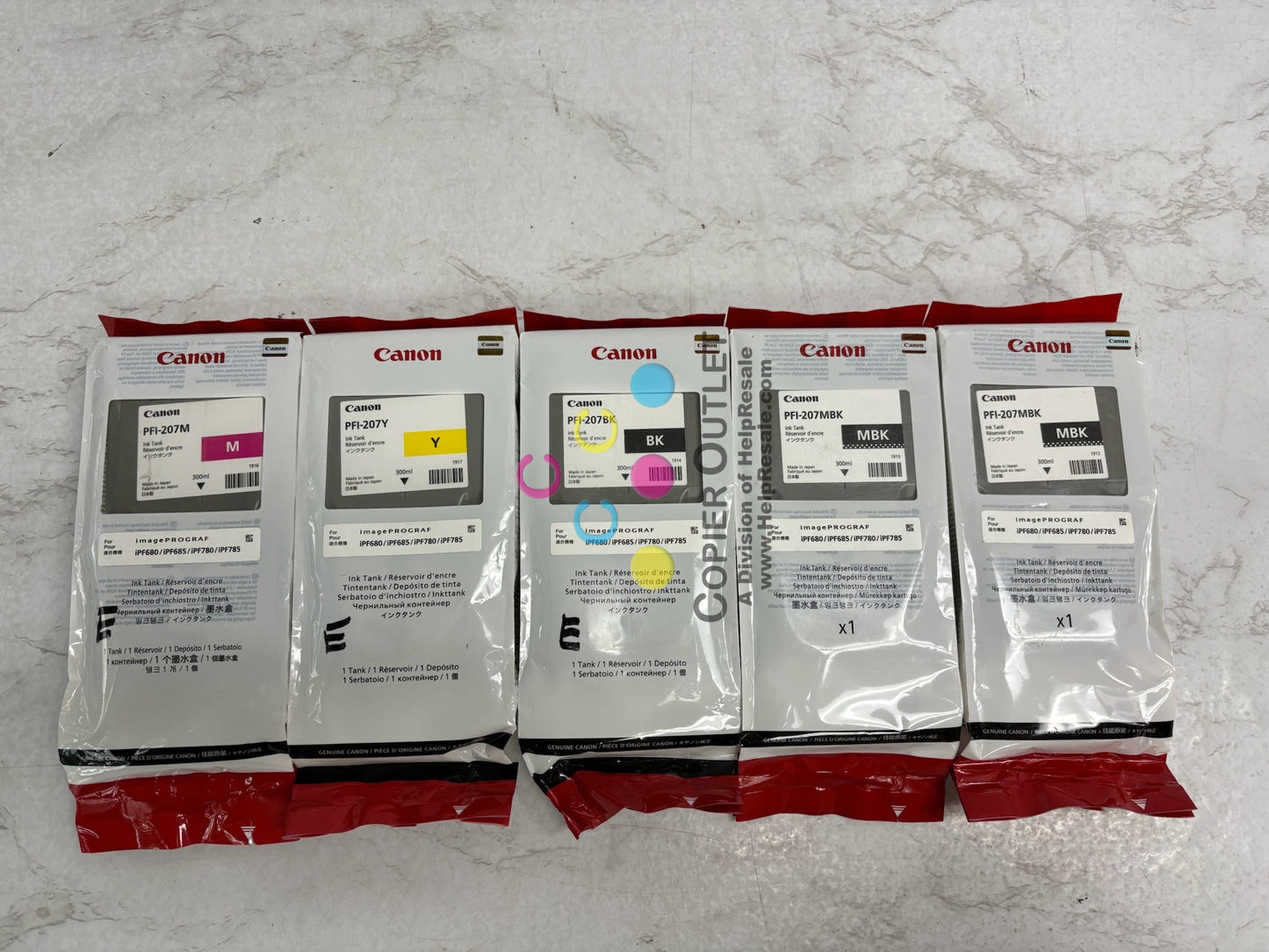 5 Genuine Canon iPF680,iPF780 M,Y, Black, Matte Black Inks PFI-207 (2021-2025)