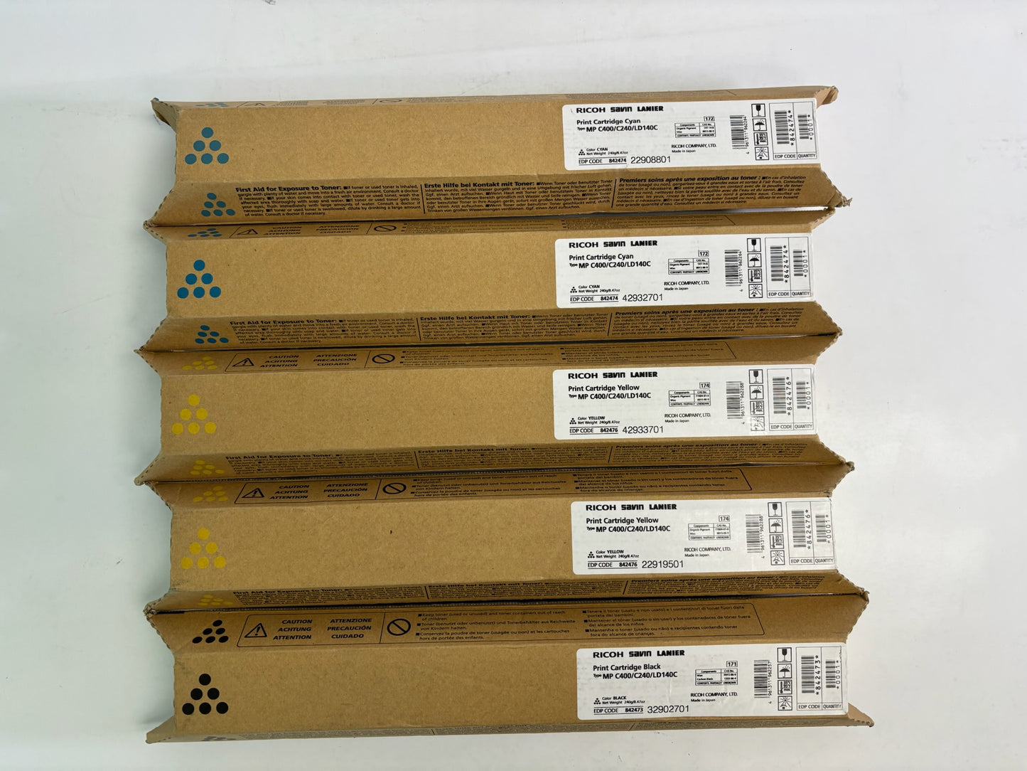 5 Genuine Ricoh MPC400,C240,LD140C CCYYK Toners 842473, 842474, 842476