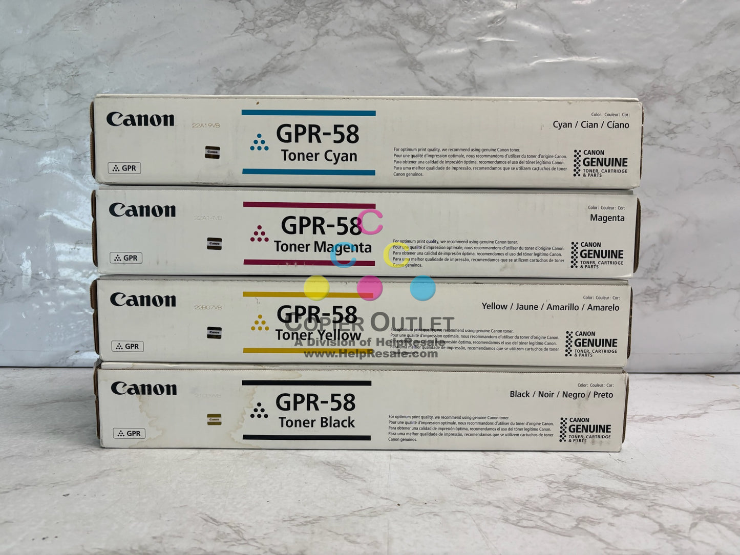 4 Genuine Canon iRA C256,C257,C356 GPR-58 CMYK Toner (Waterstained Black Box)