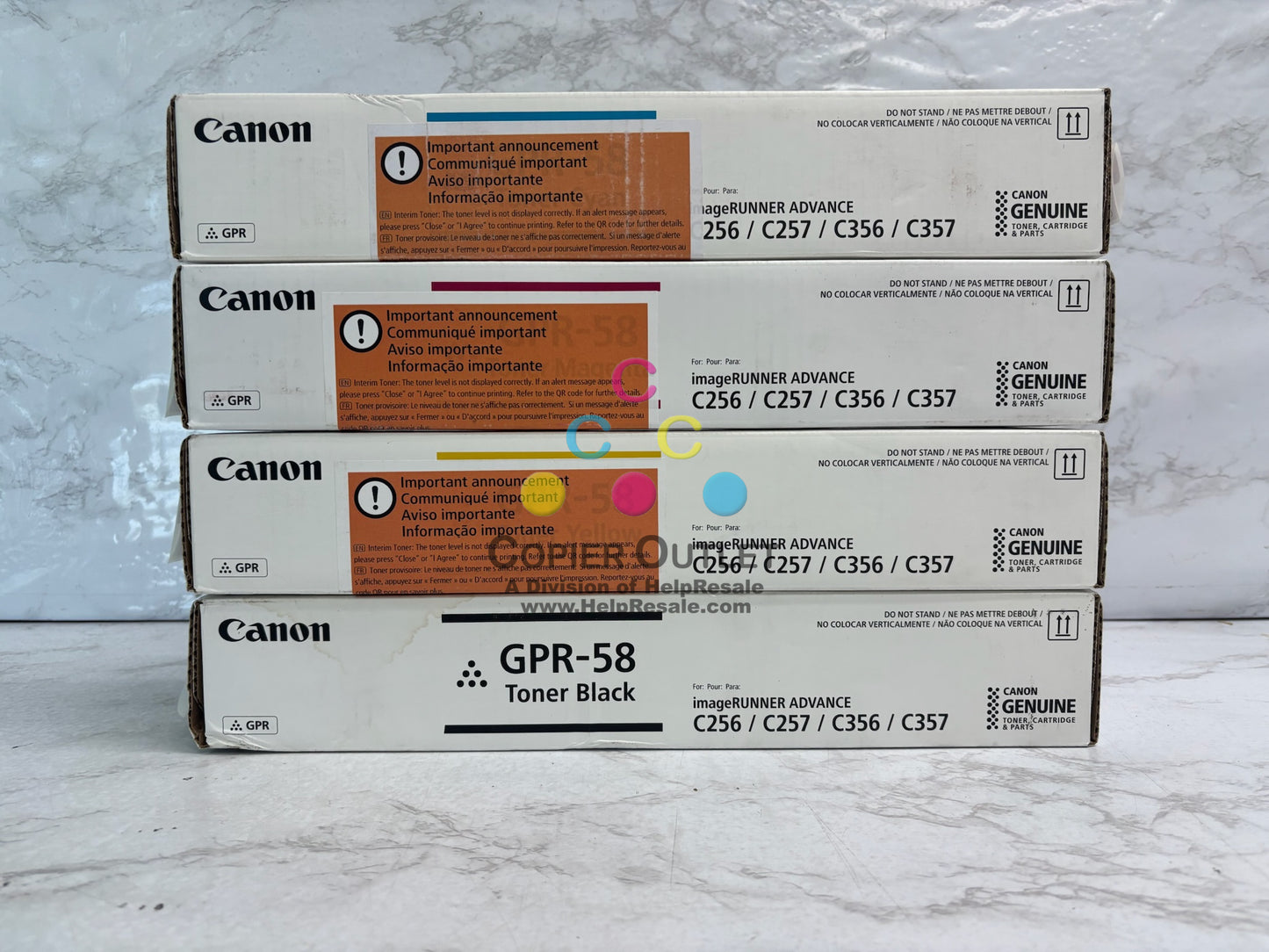 4 Genuine Canon iRA C256,C257,C356 GPR-58 CMYK Toner (Waterstained Black Box)