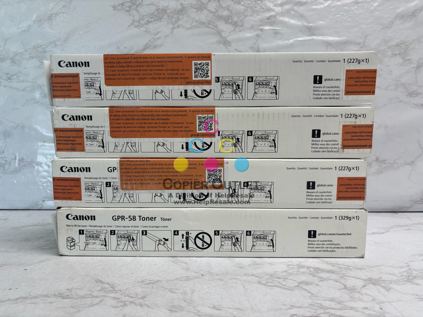 4 Genuine Canon iRA C256,C257,C356 GPR-58 CMYK Toner (Waterstained Black Box)