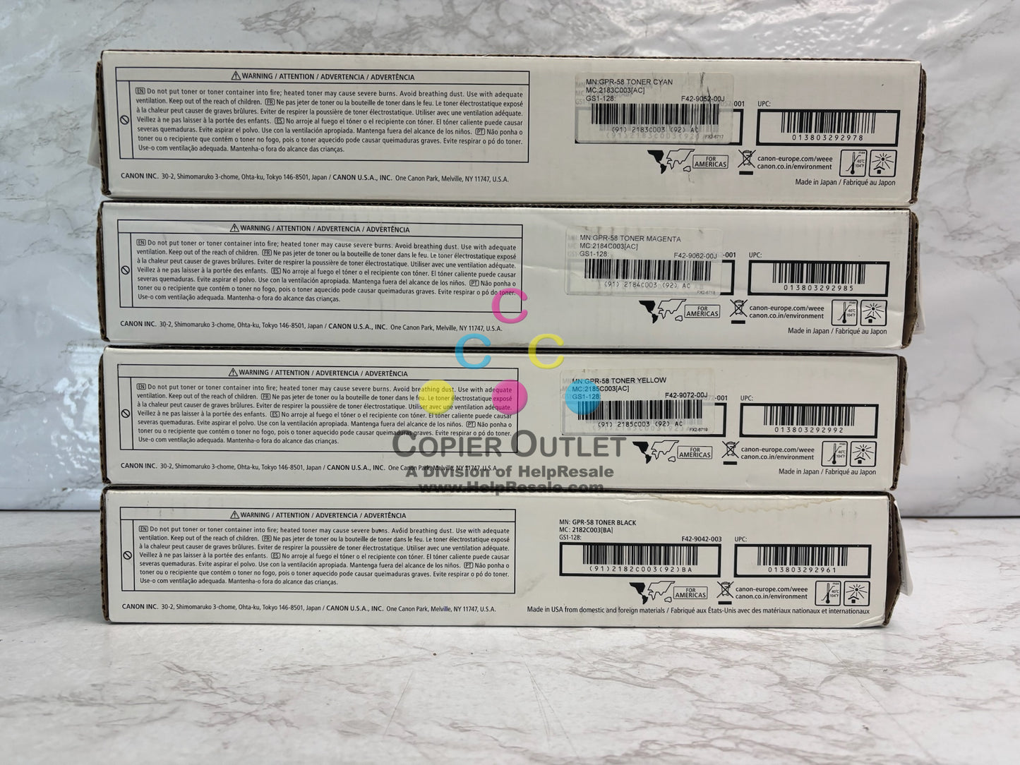 4 Genuine Canon iRA C256,C257,C356 GPR-58 CMYK Toner (Waterstained Black Box)
