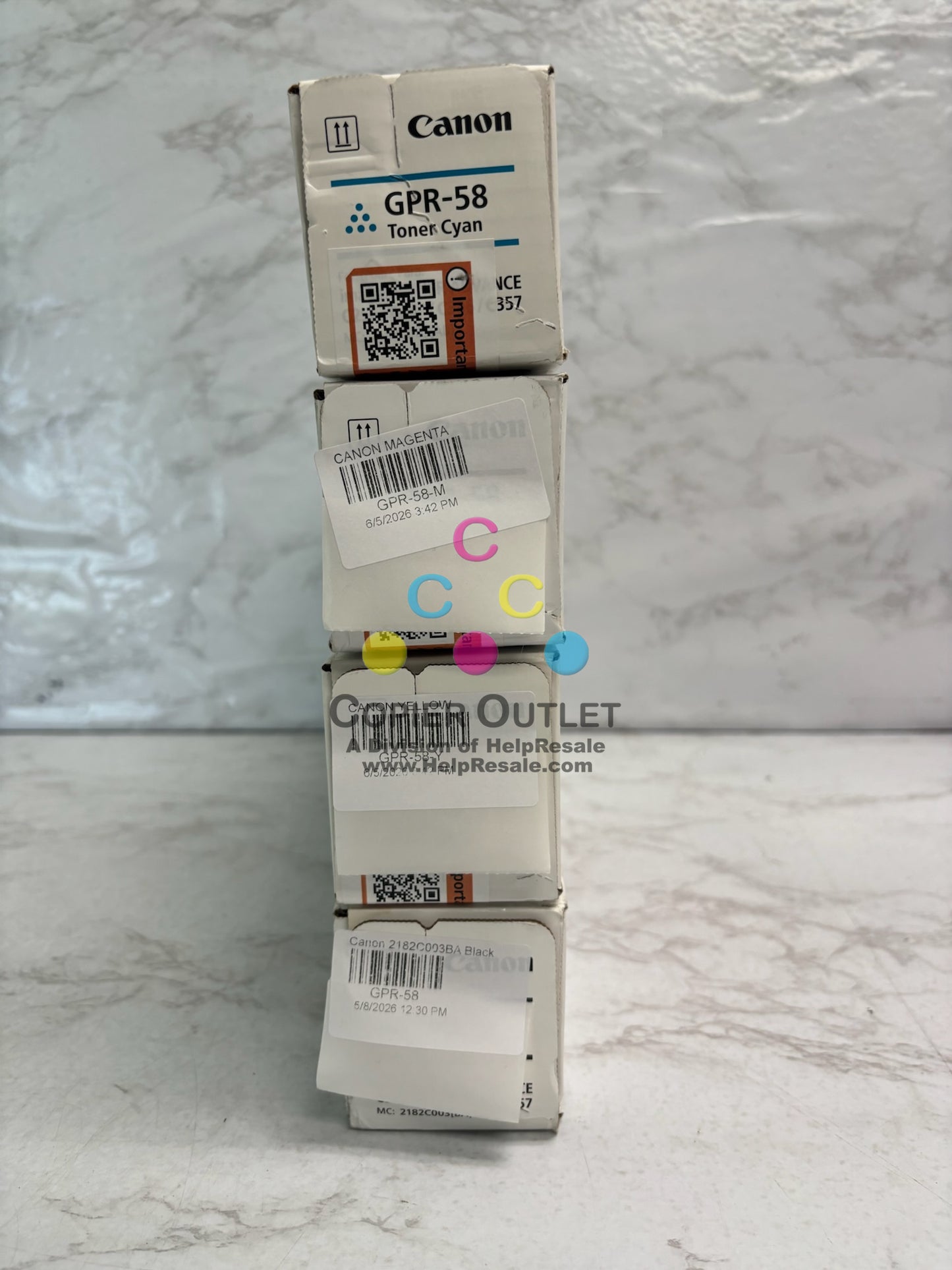 4 Genuine Canon iRA C256,C257,C356 GPR-58 CMYK Toner (Waterstained Black Box)