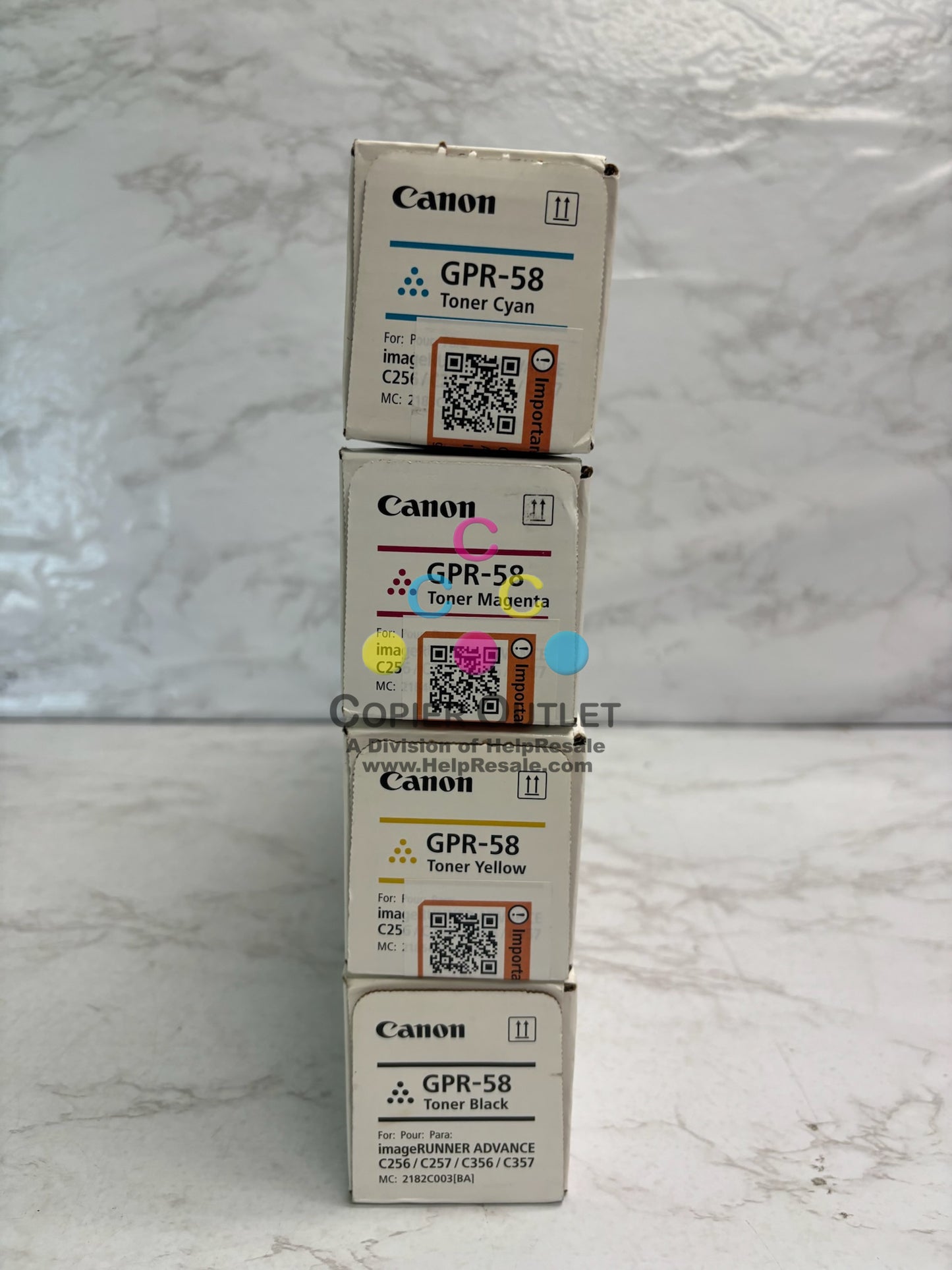 4 Genuine Canon iRA C256,C257,C356 GPR-58 CMYK Toner (Waterstained Black Box)
