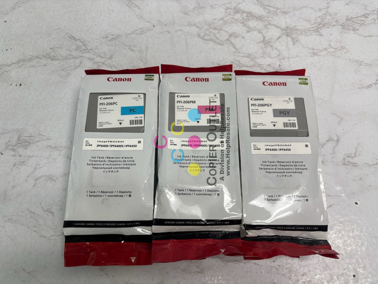 3 Genuine Canon IPF6400, IPF6450 Inks PFI-206PM, PFI-206PC, PFI-206PGY (2019-20)