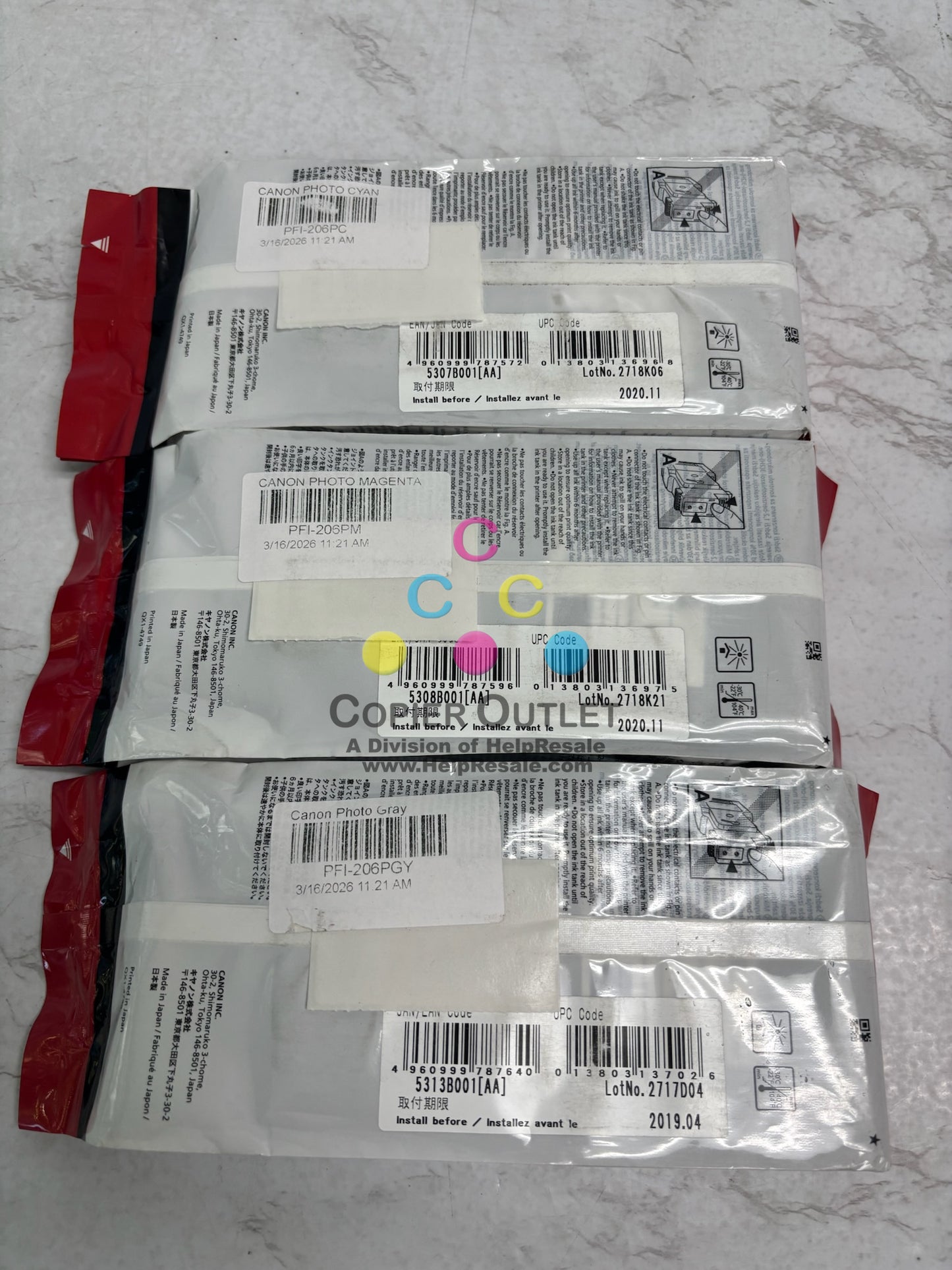 3 Genuine Canon IPF6400, IPF6450 Inks PFI-206PM, PFI-206PC, PFI-206PGY (2019-20)