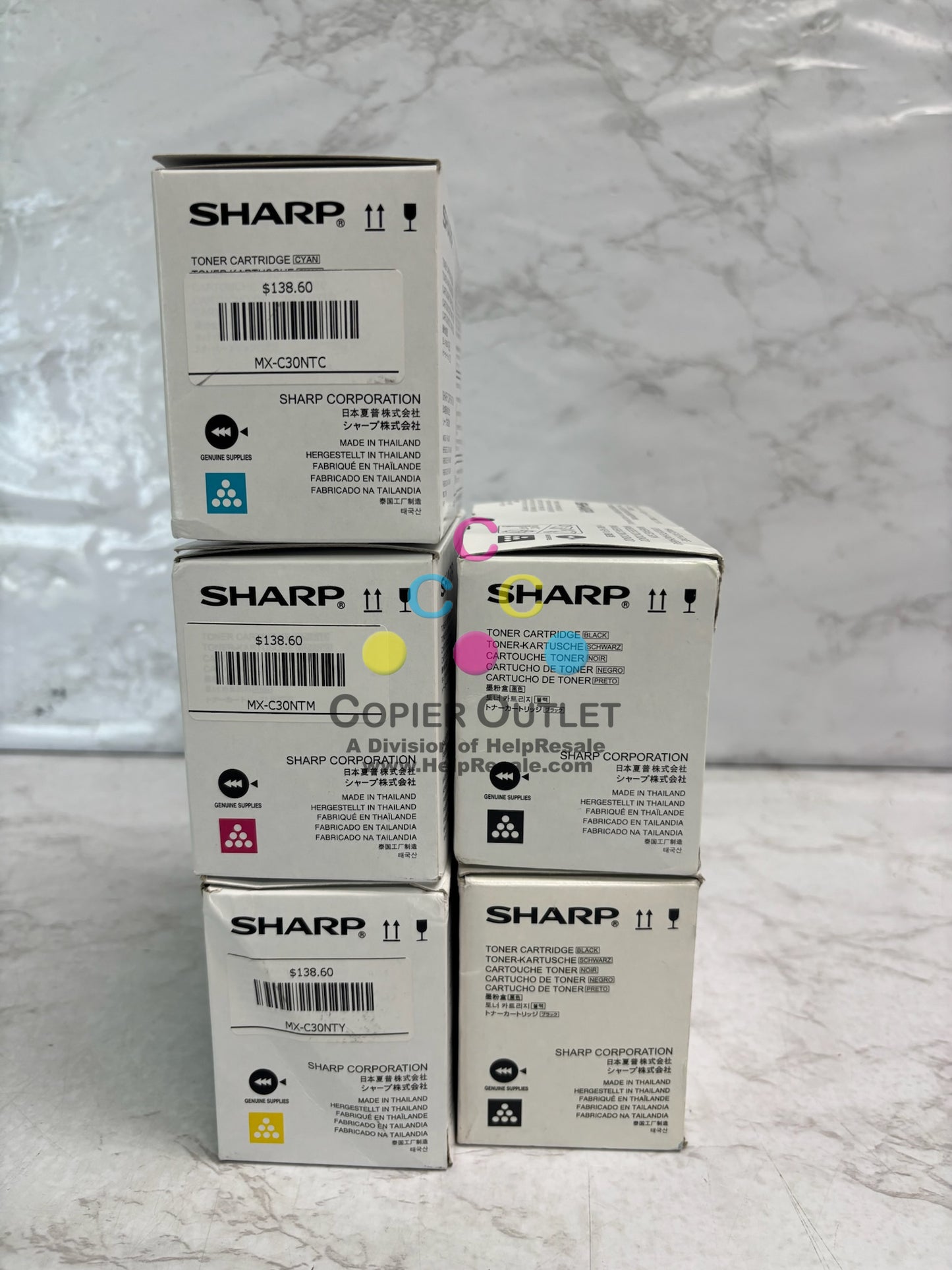 5 OEM Sharp MXC300P,MX303W,MX304W CMYKK Toners MX-C30NT-CMY, MX-C30NT-B
