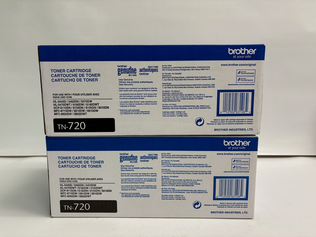 2 Genuine Brother HL-5440D, 5470, 6180 Black Toner TN-720 TN720