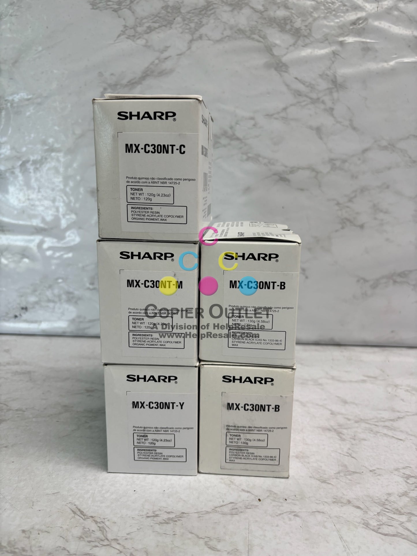 5 OEM Sharp MXC300P,MX303W,MX304W CMYKK Toners MX-C30NT-CMY, MX-C30NT-B