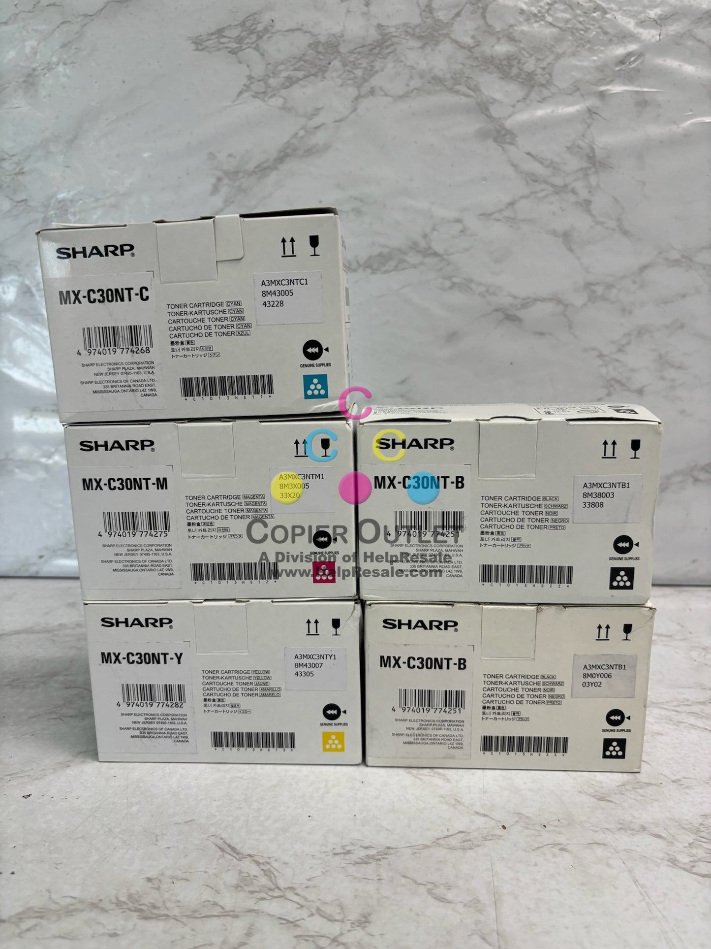 5 OEM Sharp MXC300P,MX303W,MX304W CMYKK Toners MX-C30NT-CMY, MX-C30NT-B