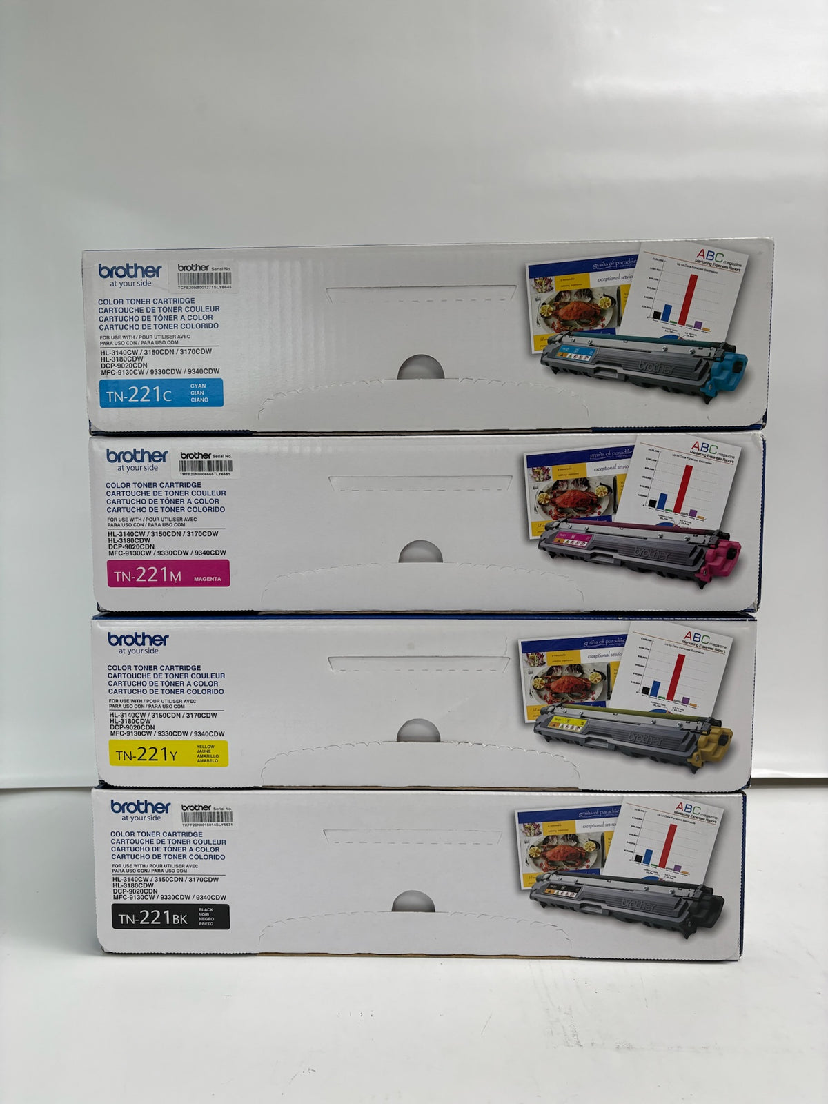 4 Genuine Brother HL-3140CW Cyan, Magenta, Yellow & Black TN-221 CMYK Toners
