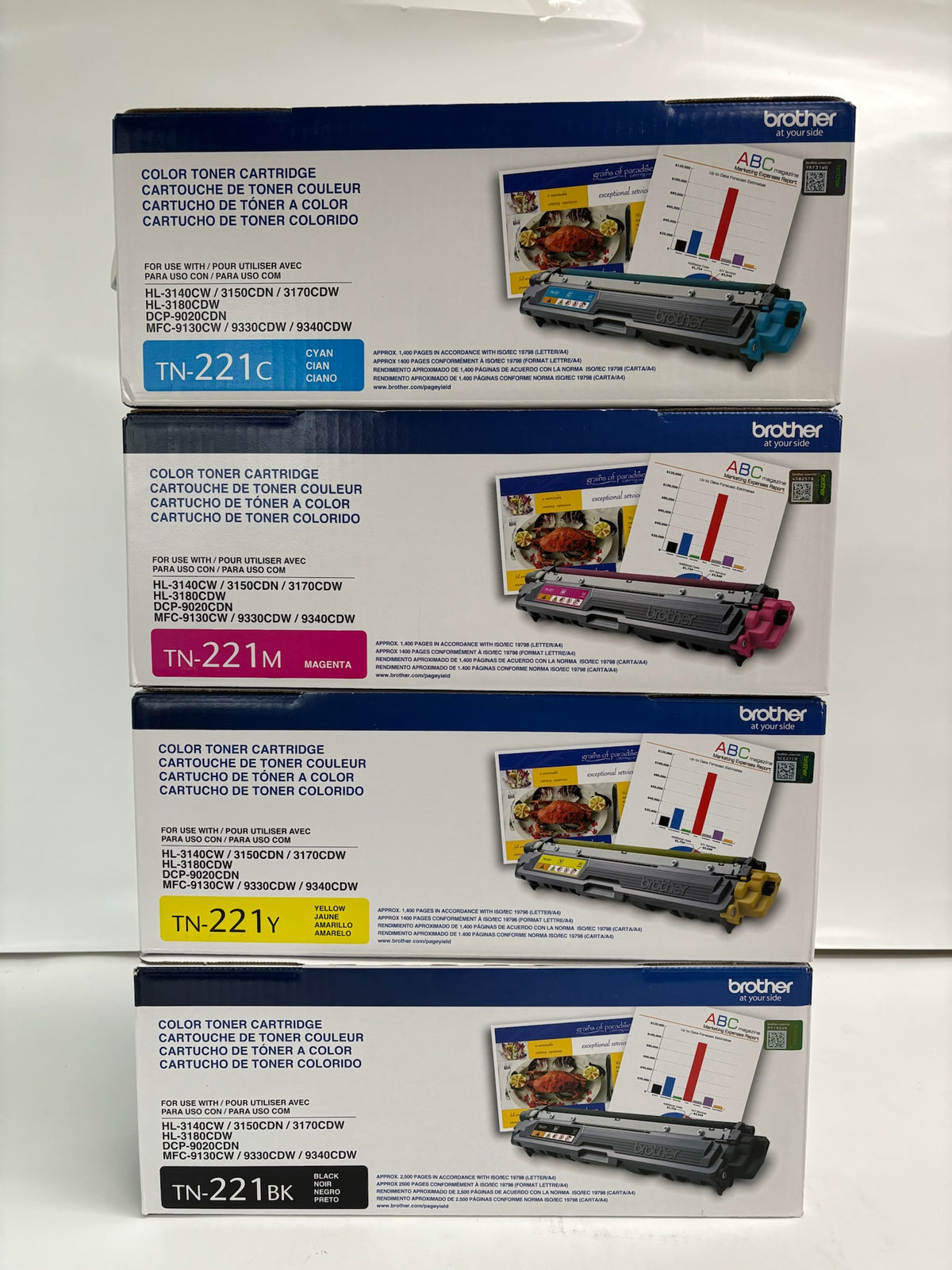 4 Genuine Brother HL-3140CW Cyan, Magenta, Yellow & Black TN-221 CMYK Toners