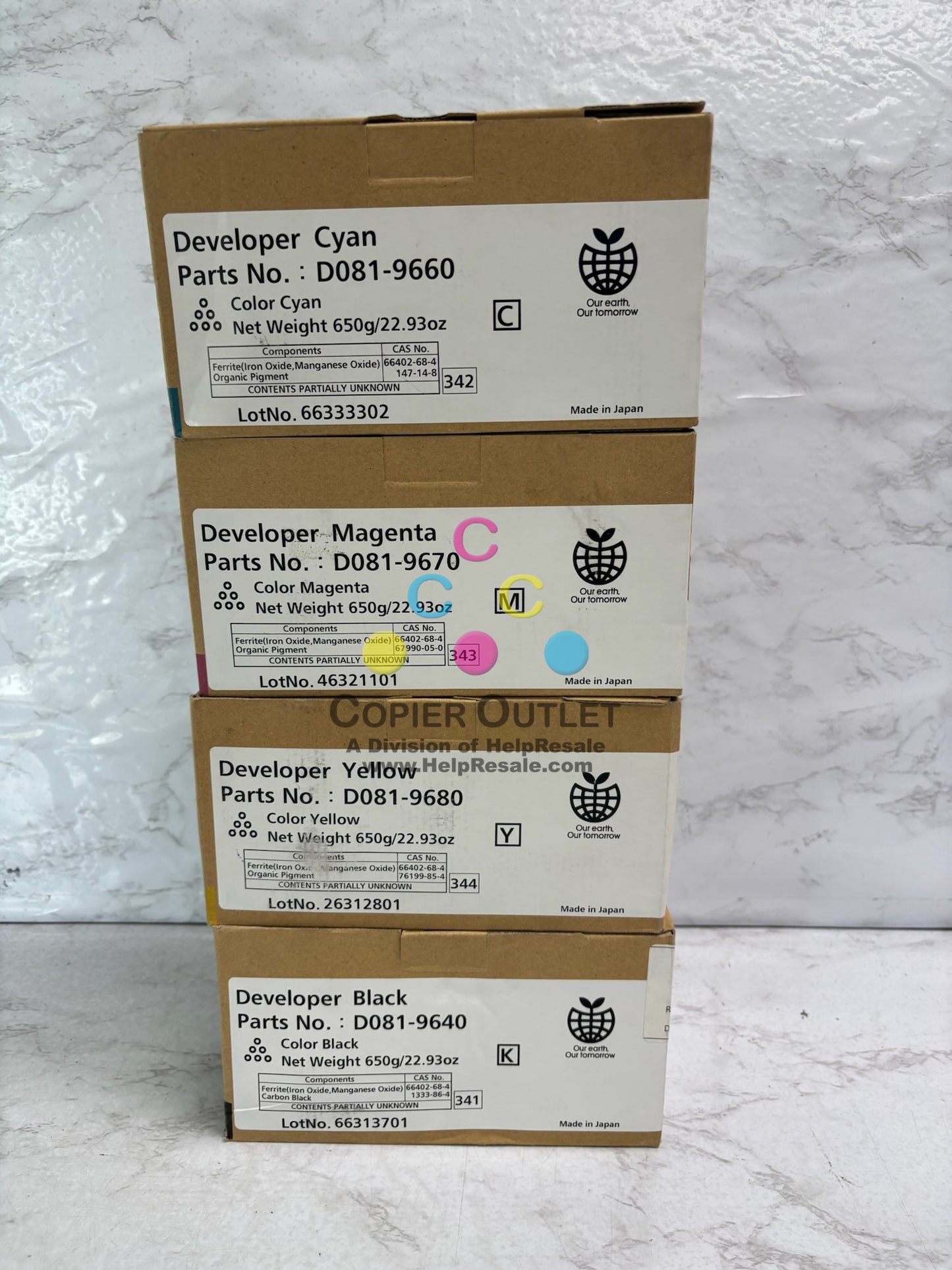 4 Genuine Ricoh MPC6501, 7501 CMYK Developers D081-9640,9660,9670,9680