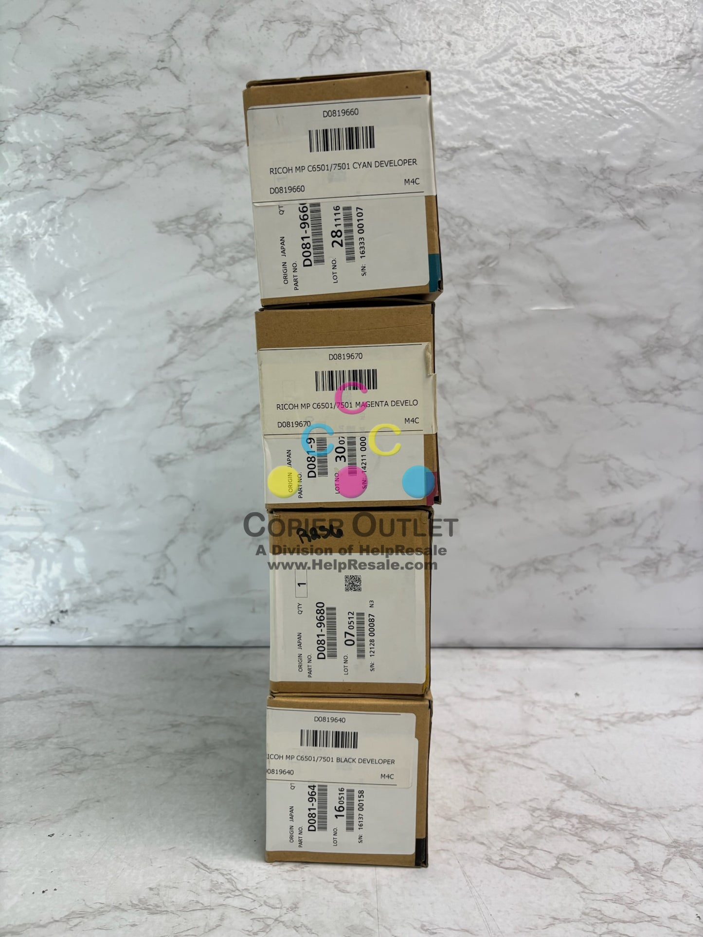 4 Genuine Ricoh MPC6501, 7501 CMYK Developers D081-9640,9660,9670,9680