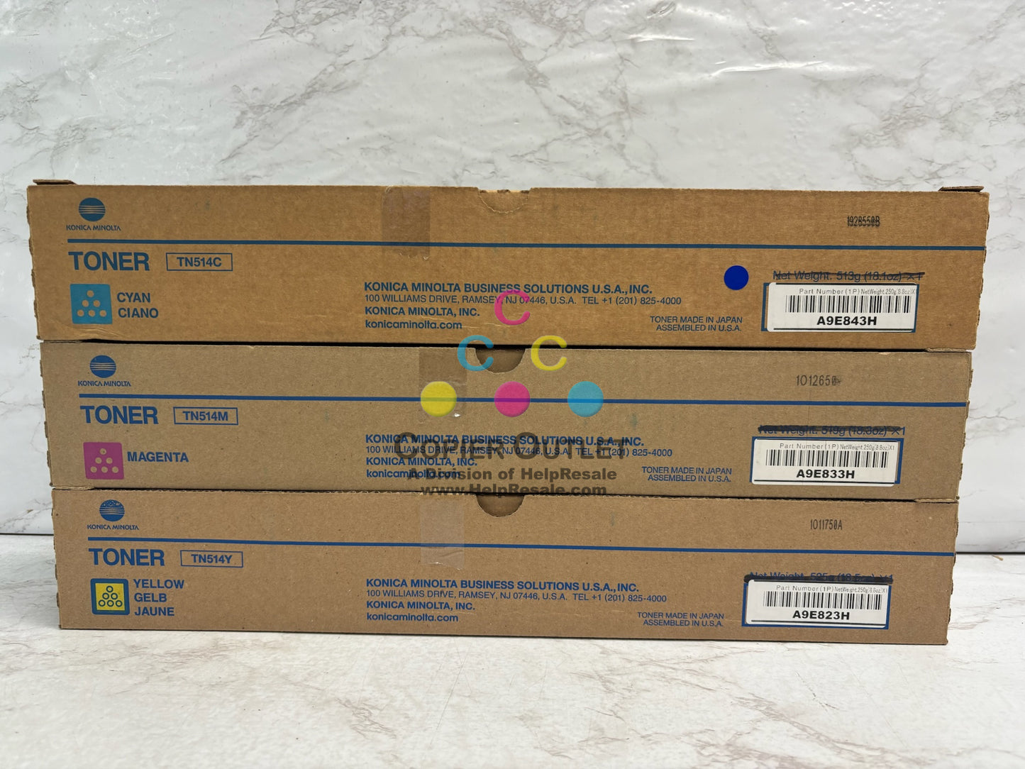 3 OEM Konica Bizhub C458,C558,C658 TN514CMY Low Yield Toners (Net Weight 8.8oz)