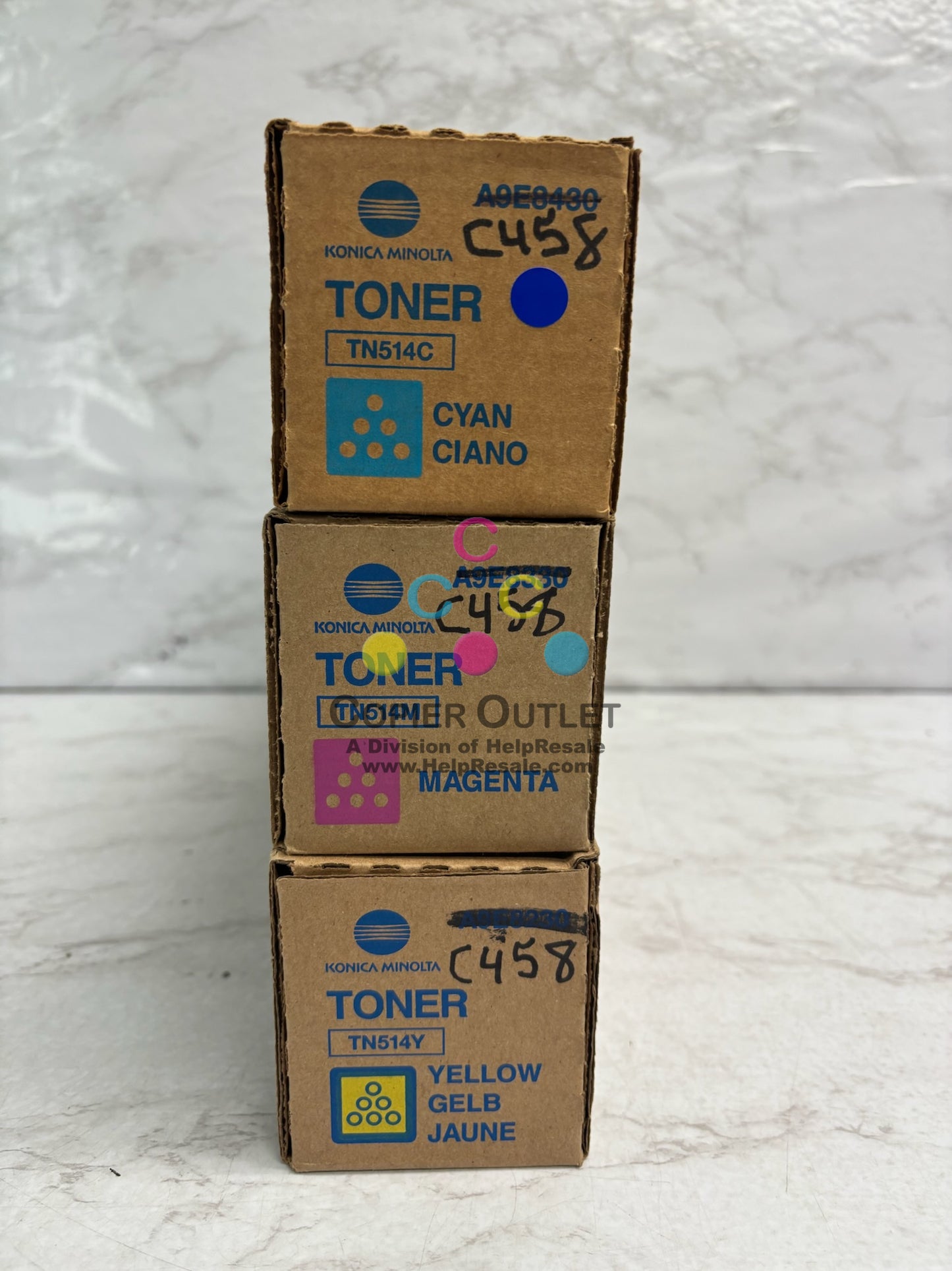 3 OEM Konica Bizhub C458,C558,C658 TN514CMY Low Yield Toners (Net Weight 8.8oz)