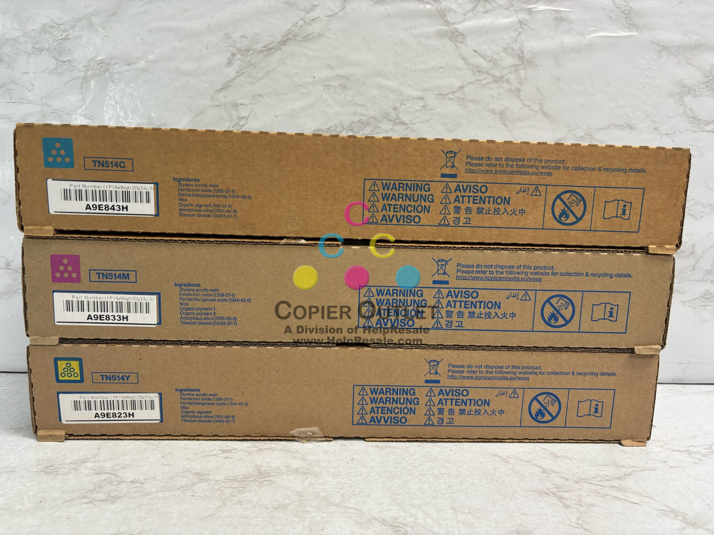 3 OEM Konica Bizhub C458,C558,C658 TN514CMY Low Yield Toners (Net Weight 8.8oz)