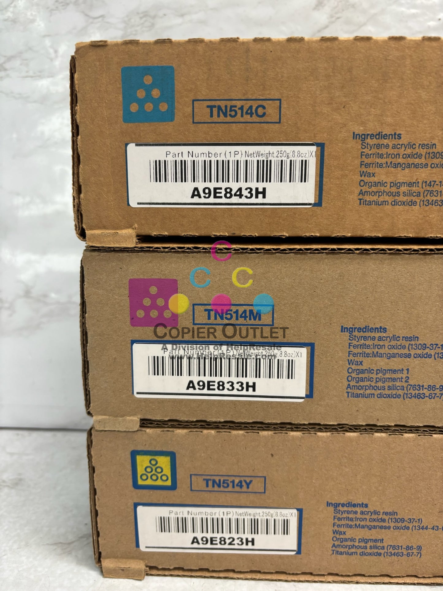 3 OEM Konica Bizhub C458,C558,C658 TN514CMY Low Yield Toners (Net Weight 8.8oz)