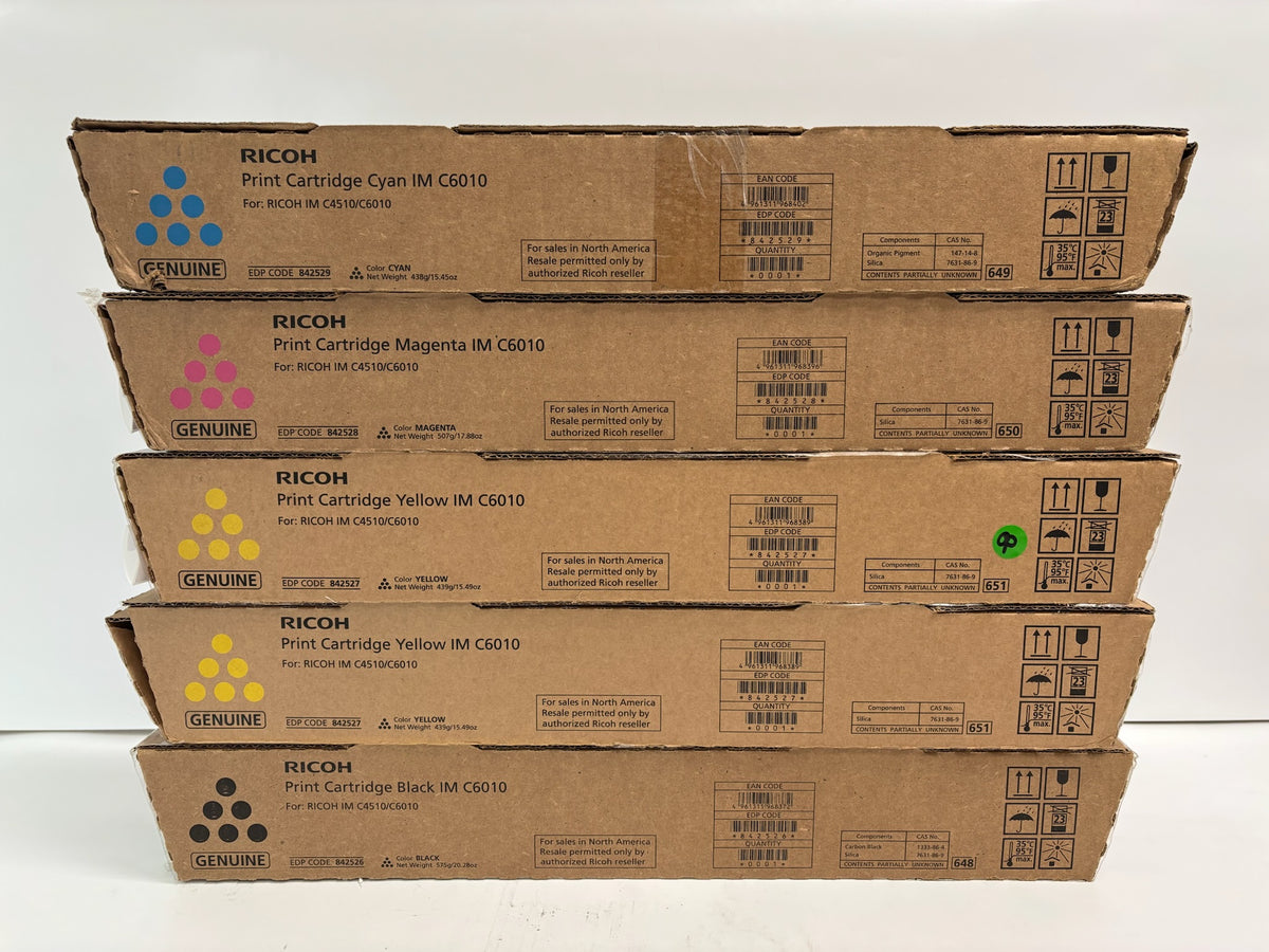 5 Genuine Ricoh IMC4510,IMC6010 CMYYK Toners 842526, 842527, 842528, 842529