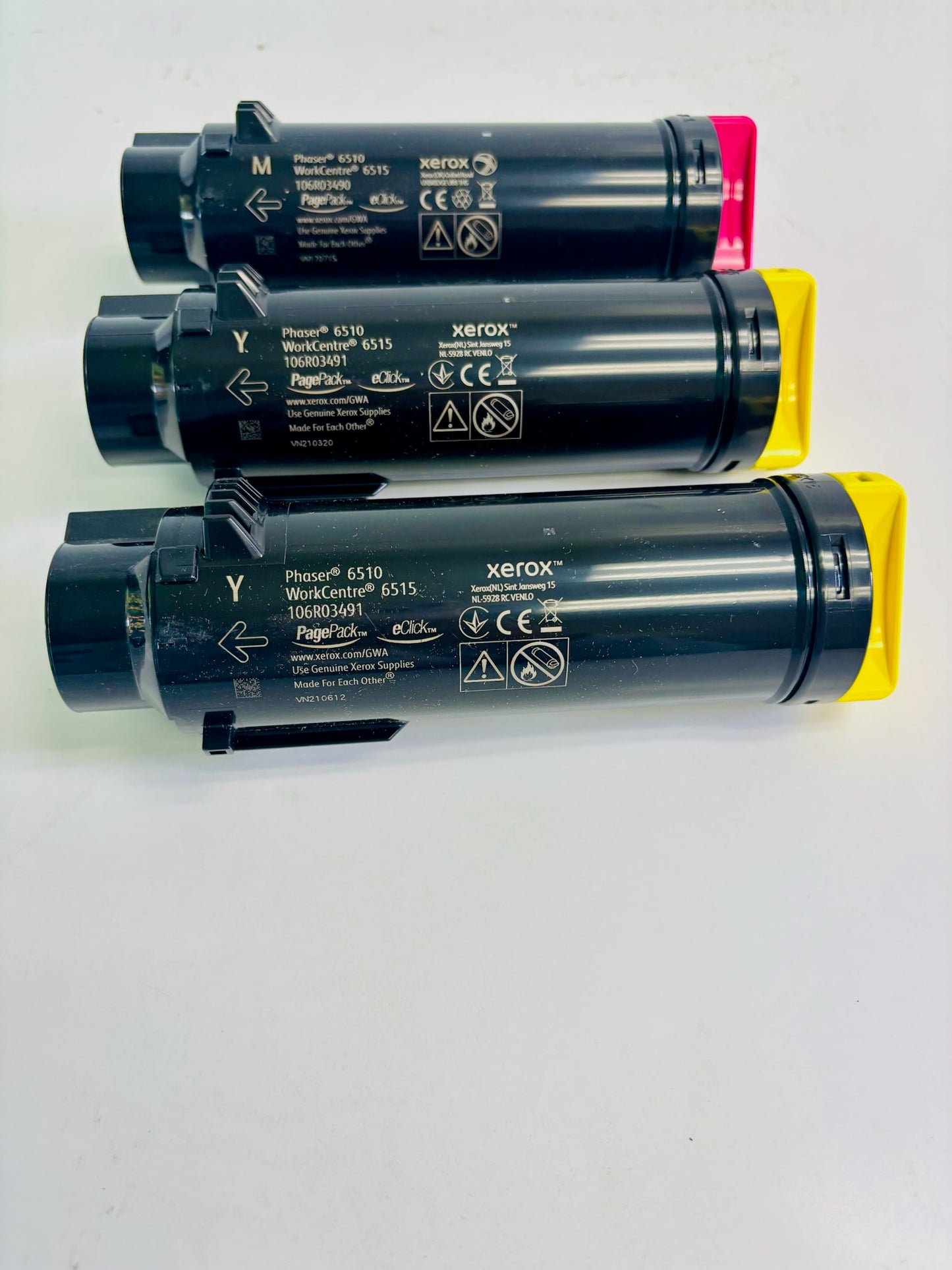 3 Open OEM Xerox Phaser 6510, 6515 MYY Metered Toner 106R03490, 106R03491