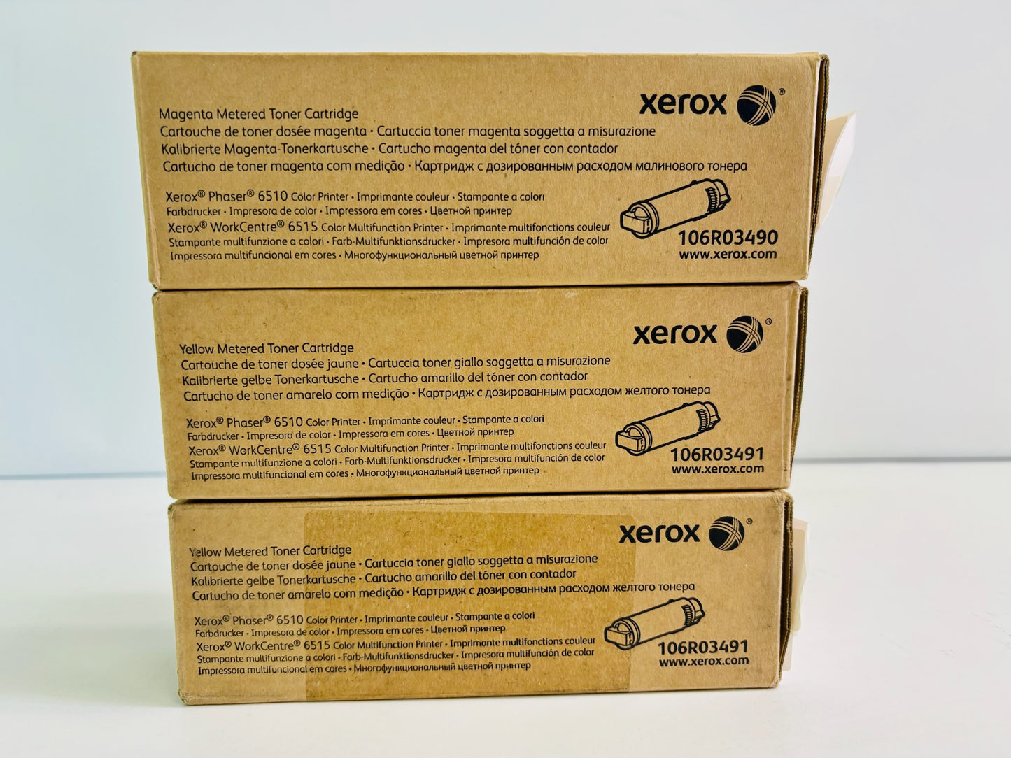 3 Open OEM Xerox Phaser 6510, 6515 MYY Metered Toner 106R03490, 106R03491