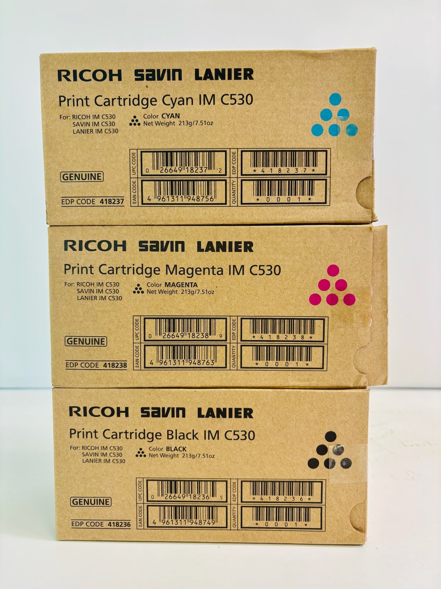 3 Open Genuine Ricoh IM C530FB Cyan, Magenta & Black Toner 418236,418237,418238
