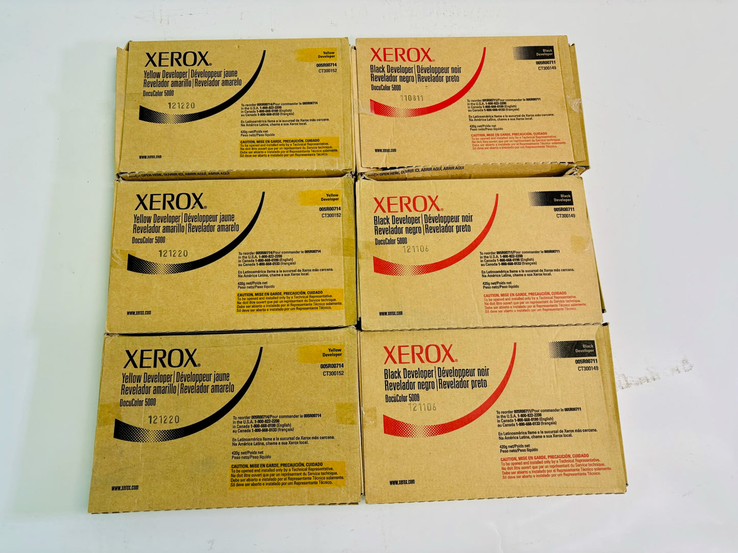 6 Genuine Xerox DocuColor 5000 Yellow & Black Developer 005R00711, 005R00714