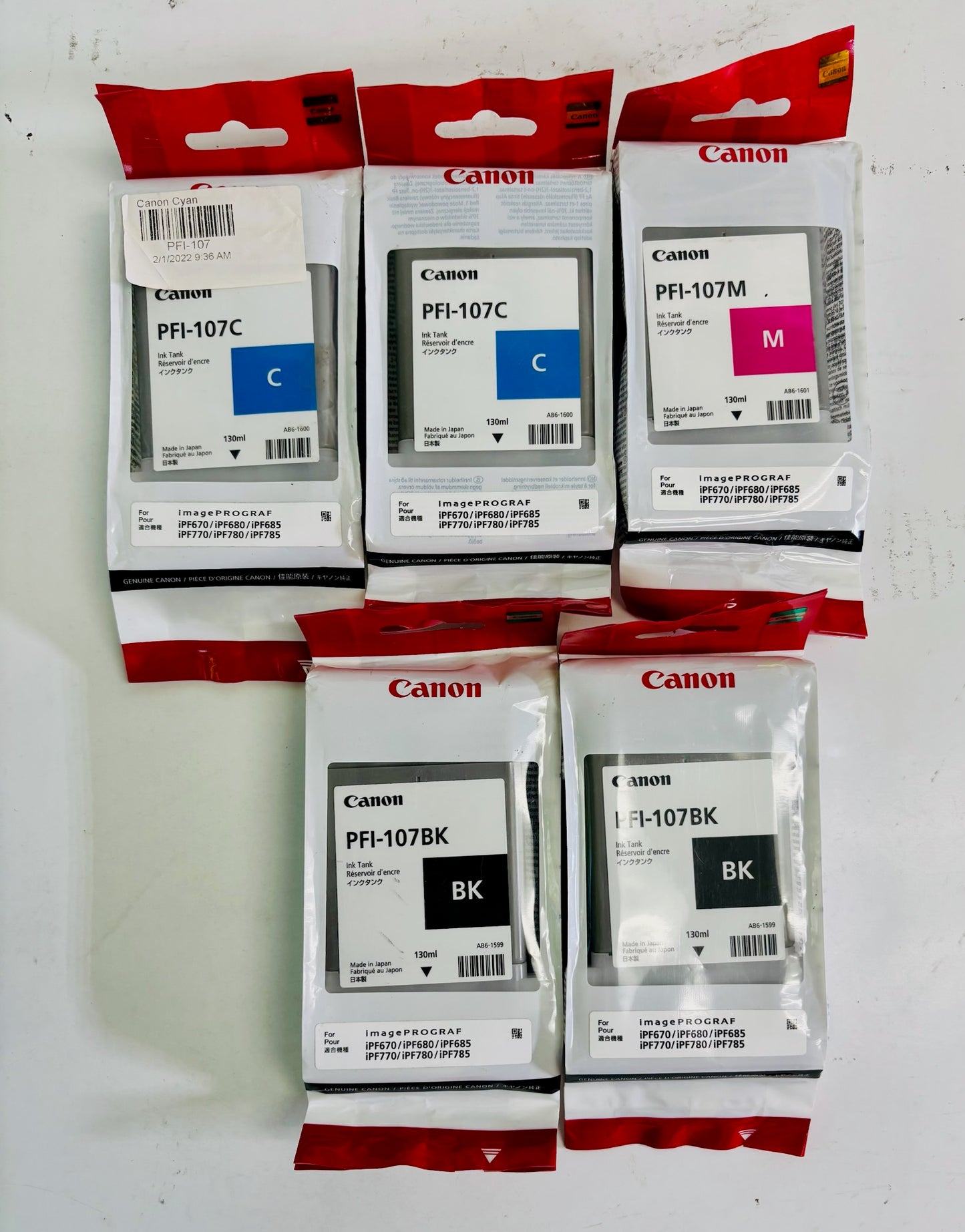 5 Genuine Canon imagePROGRAF iPF670 MFP L24 Cyan, Magenta & Black Ink PFI-107
