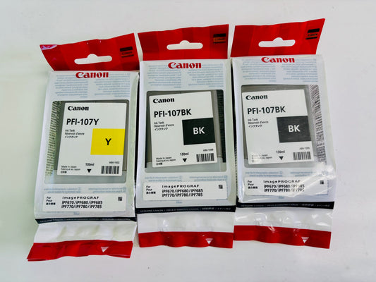 3 Genuine Canon imagePROGRAF iPF670 MFP L24 Yellow & Black Ink PFI-107 (2025)