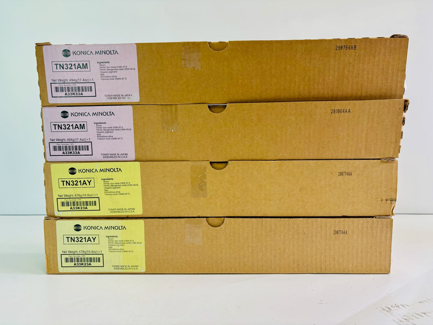 4 Genuine Konica Minolta Bizhub C224, C224E Magenta & Yellow Toner TN321 (Plain)