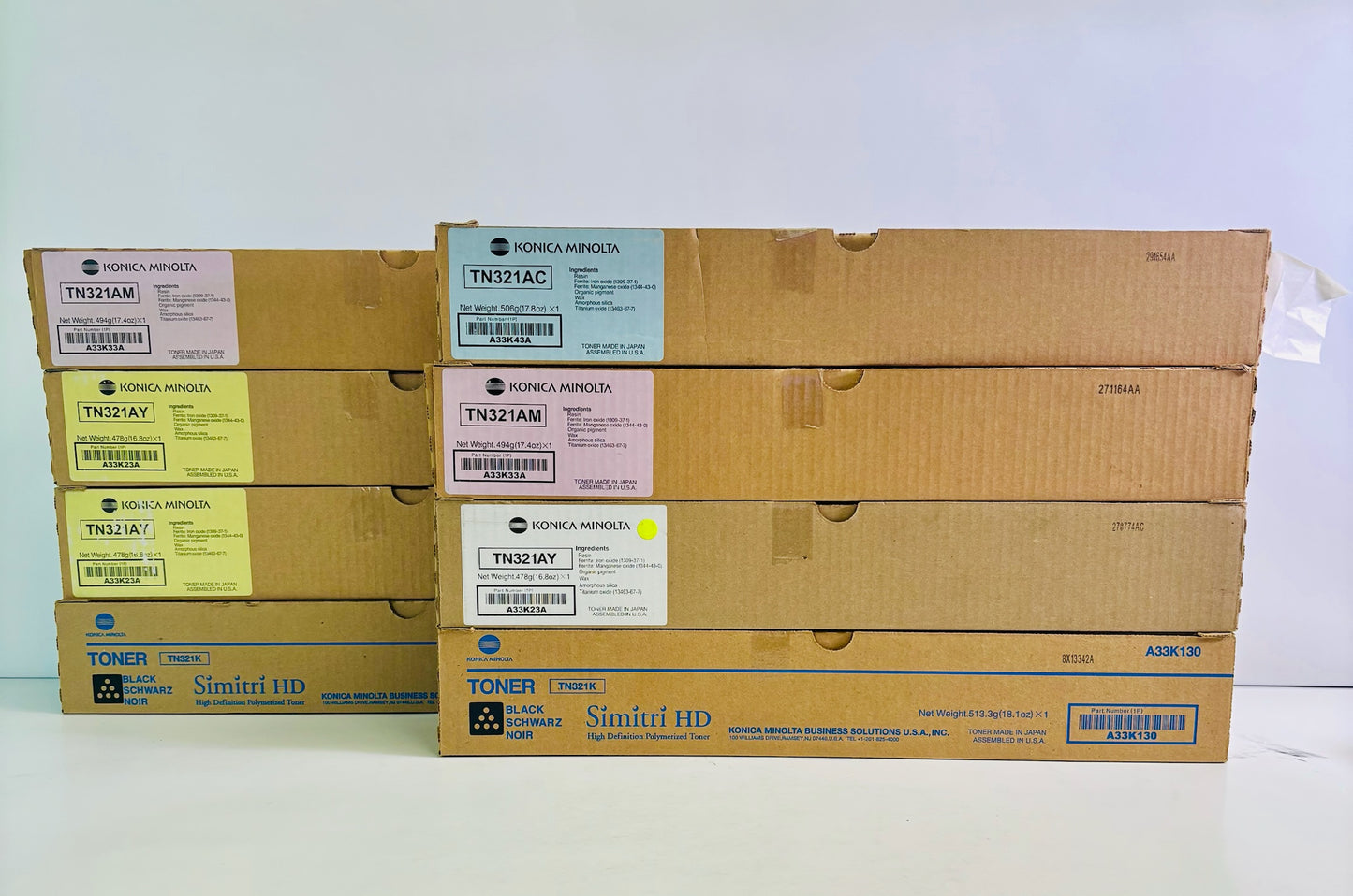8 Genuine Konica BHC224, C284 Cyan, Mag, Yellow & Black Toners TN321 CMMYYYKK