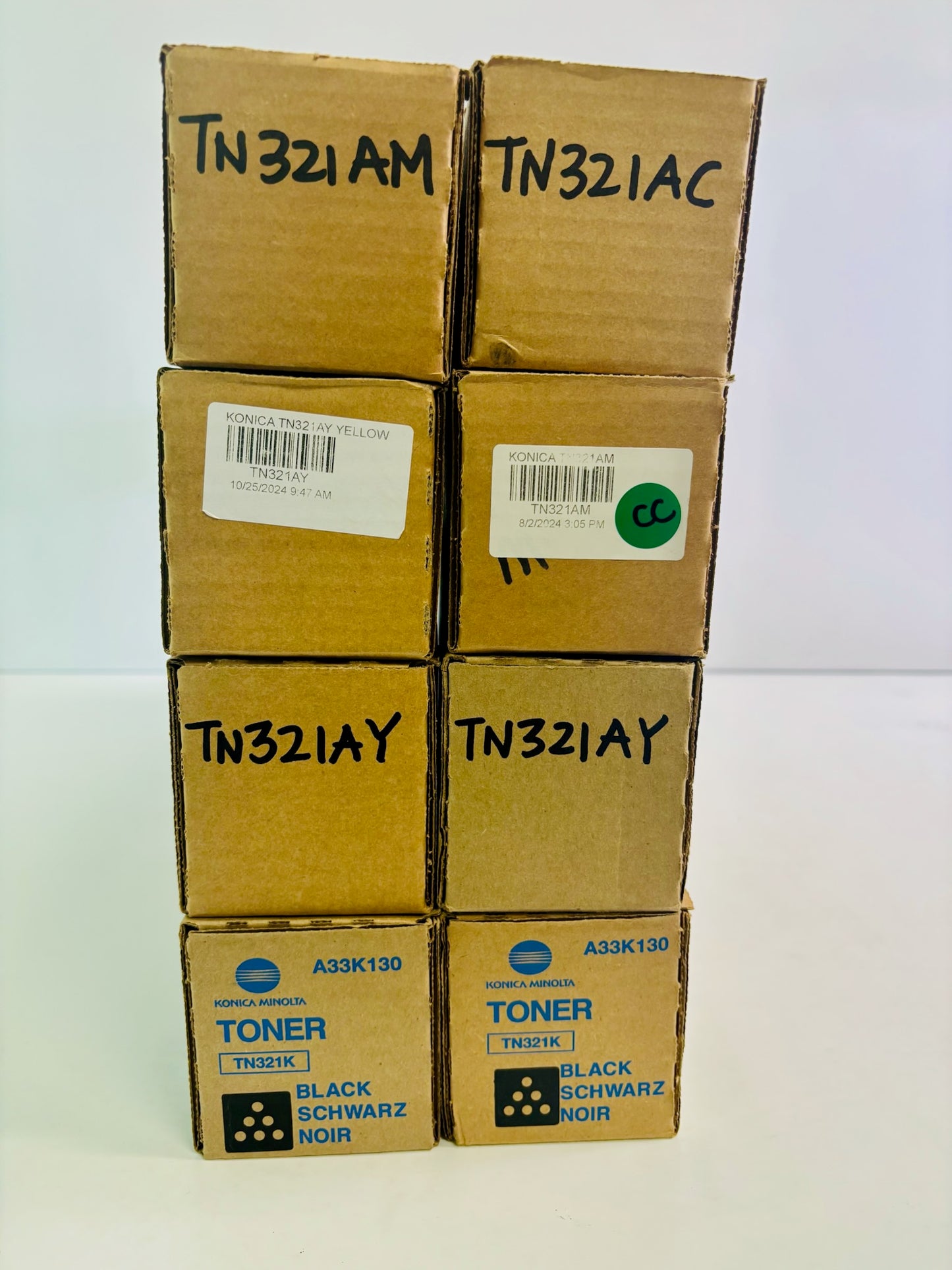 8 Genuine Konica BHC224, C284 Cyan, Mag, Yellow & Black Toners TN321 CMMYYYKK